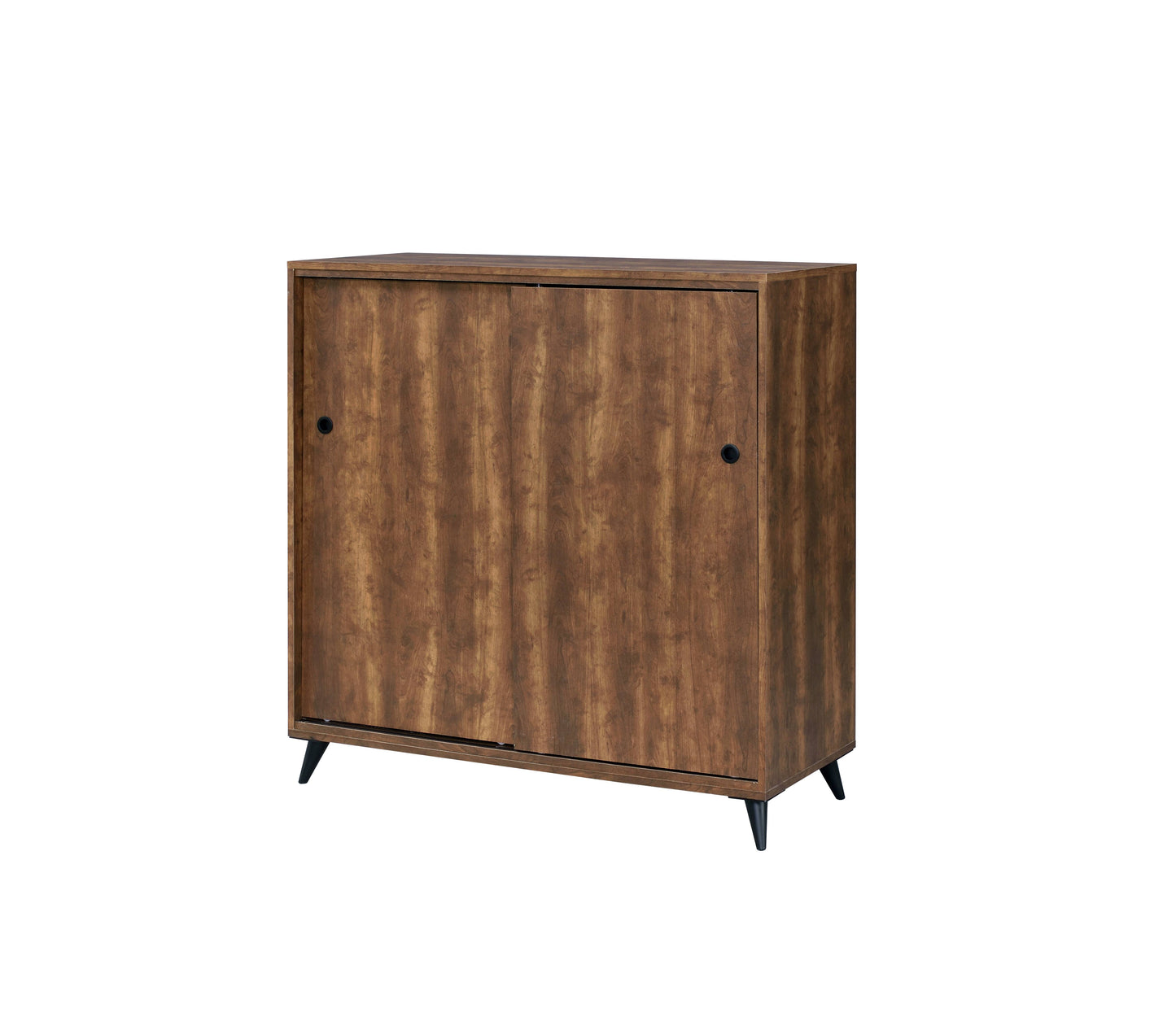Compact brown wood cabinet with sliding doors and black conical legs