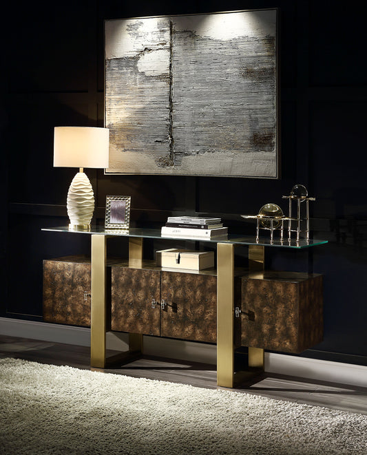 Glass top console table with bronze cabinets and gold legs
