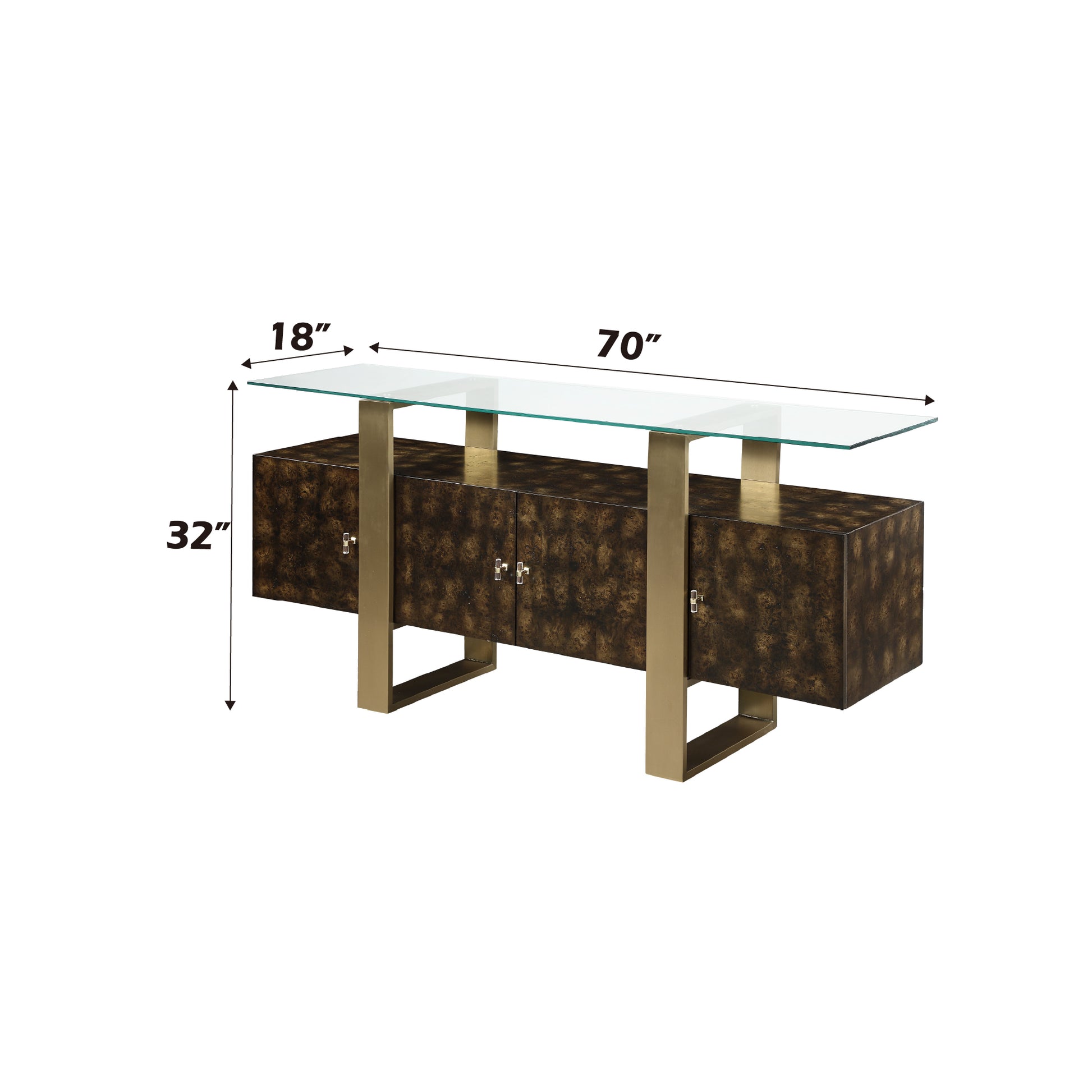 Modern console table with dark wood veneer finish and brushed gold legs