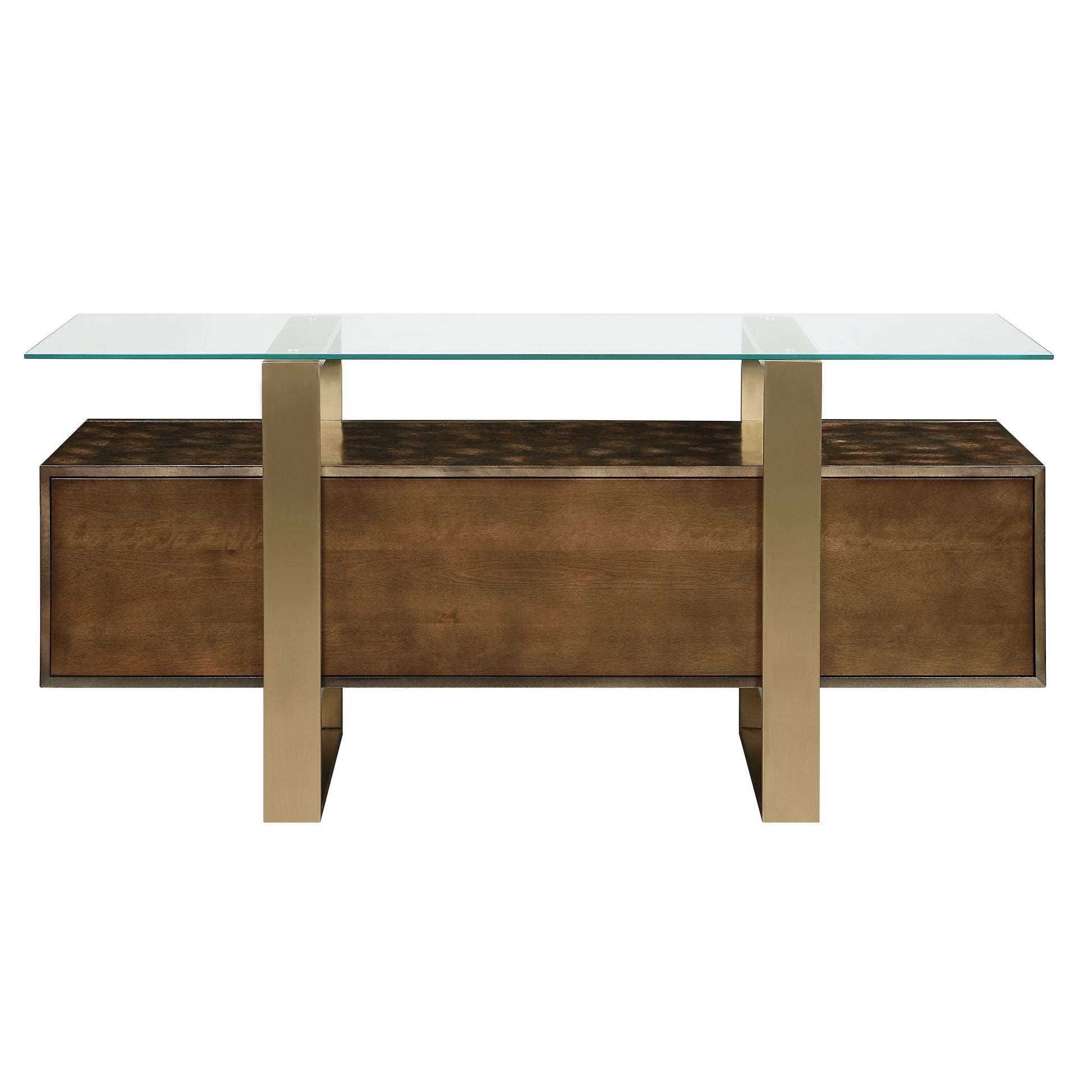 Modern walnut credenza with brass legs and a glass top