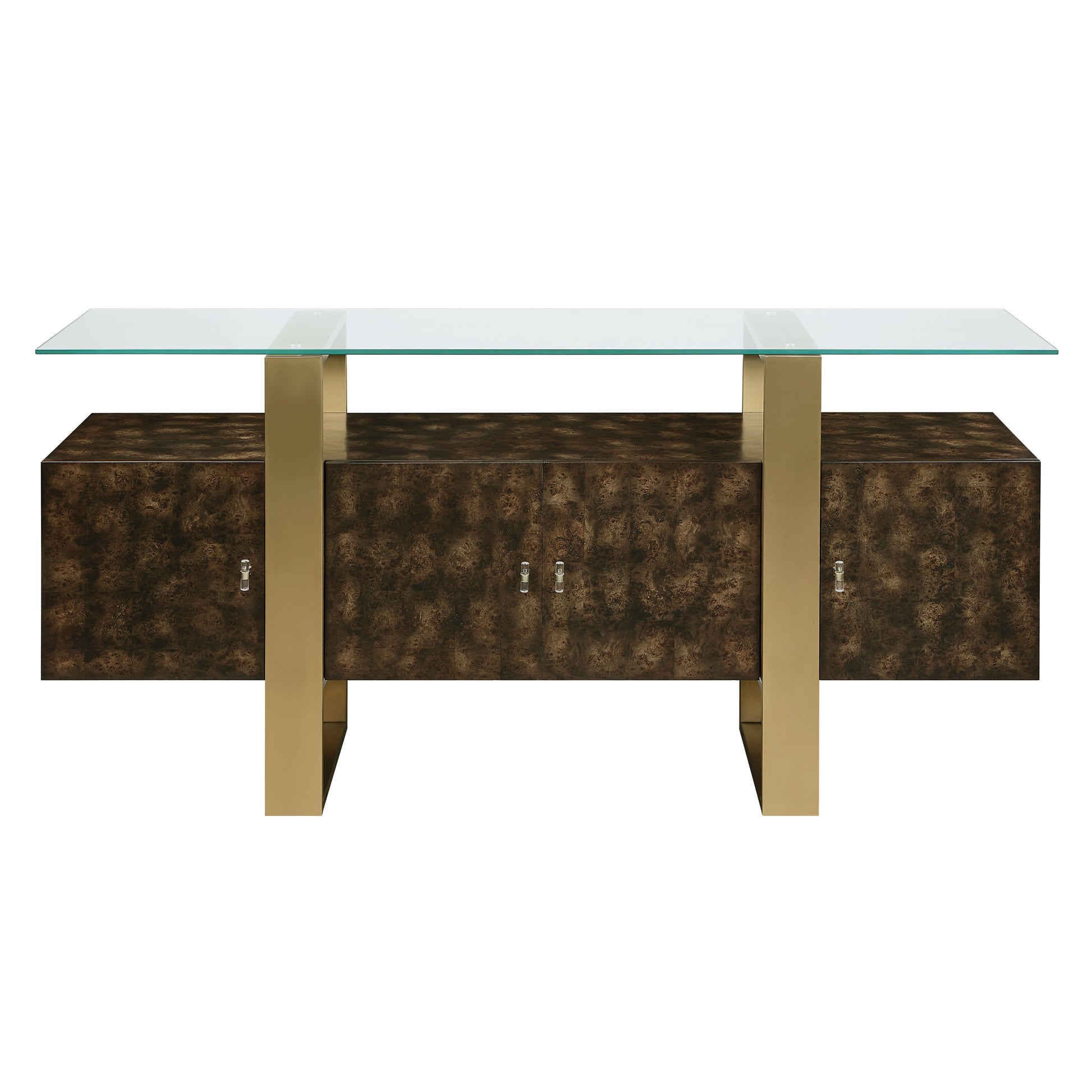 Glass top console table with burl wood finish and brass legs