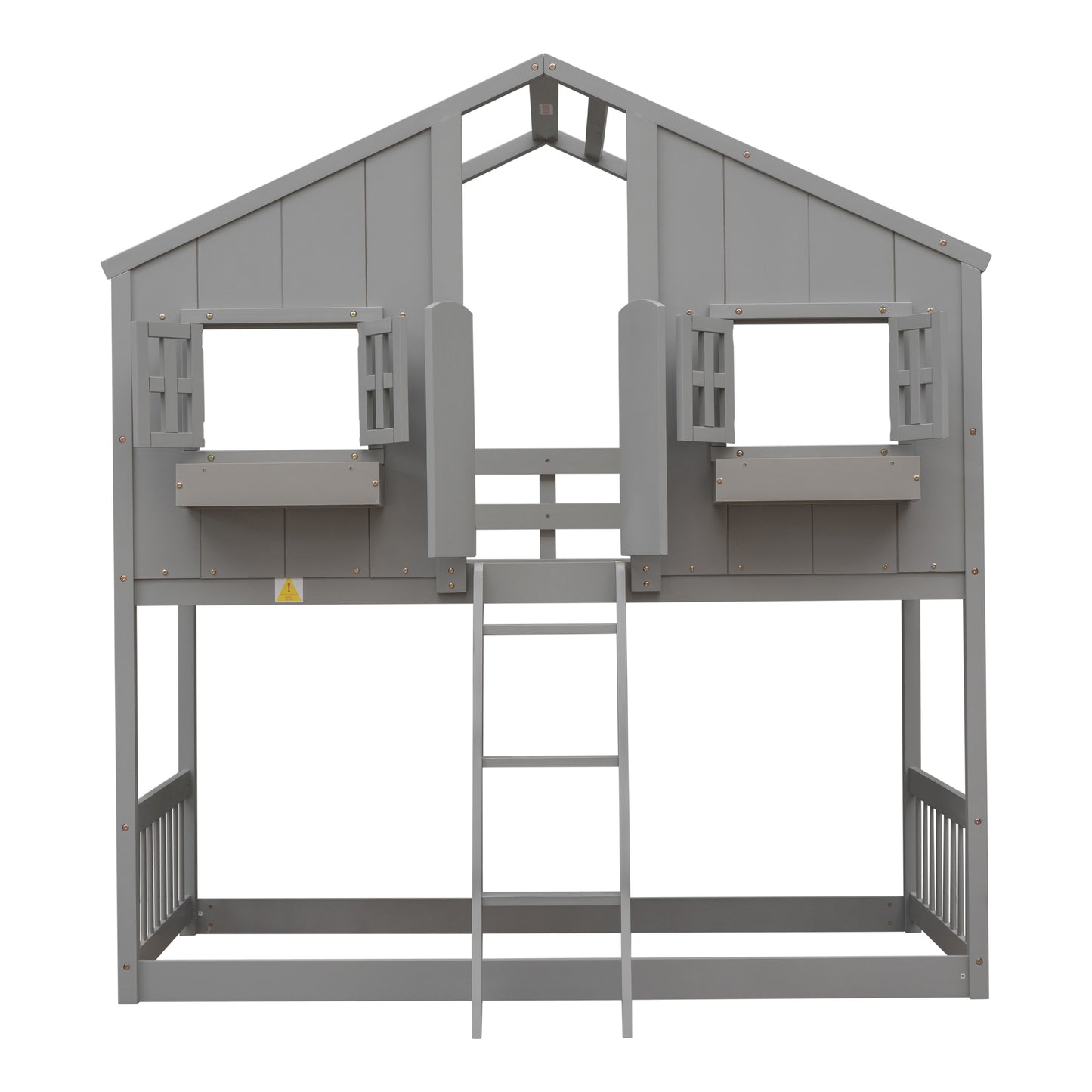 Gray wooden twin over twin bunk bed with ladder and pitched roof design
