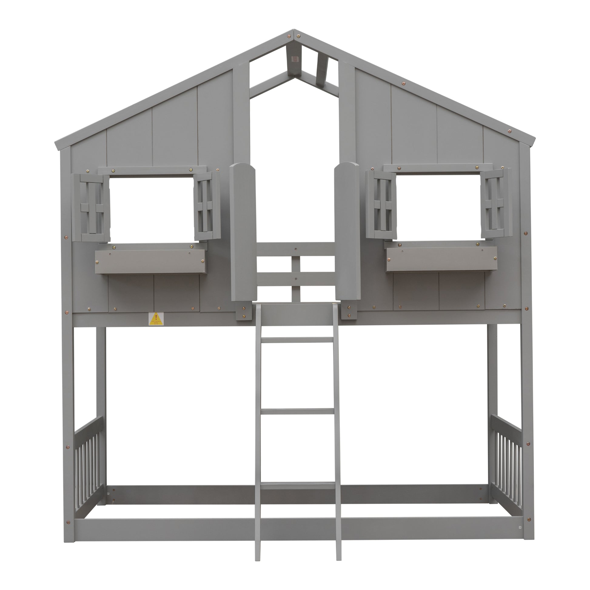 Gray wooden twin over twin bunk bed with ladder and pitched roof design