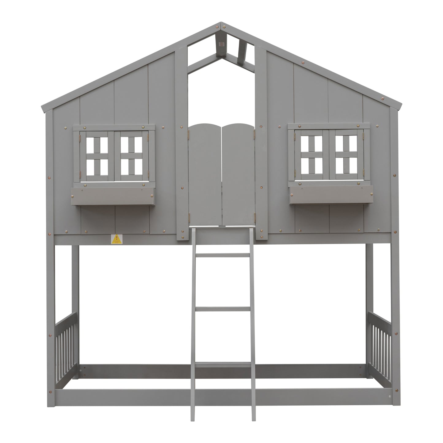 Gray wooden treehouse loft bed with ladder