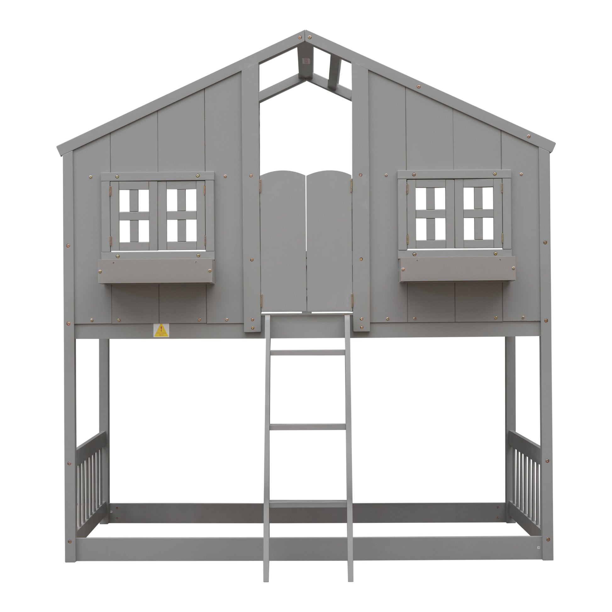 Gray wooden treehouse loft bed with ladder