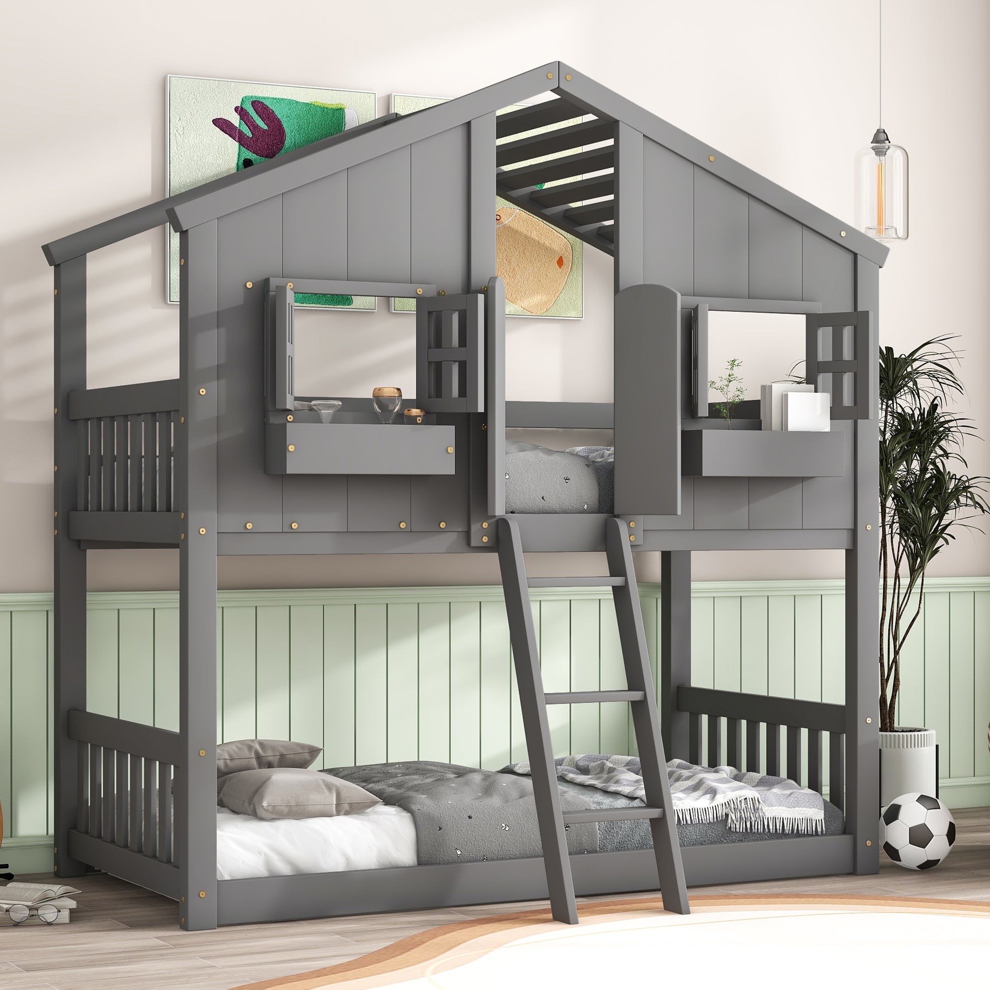 Gray wooden houseshaped bunk bed with ladder and bedding