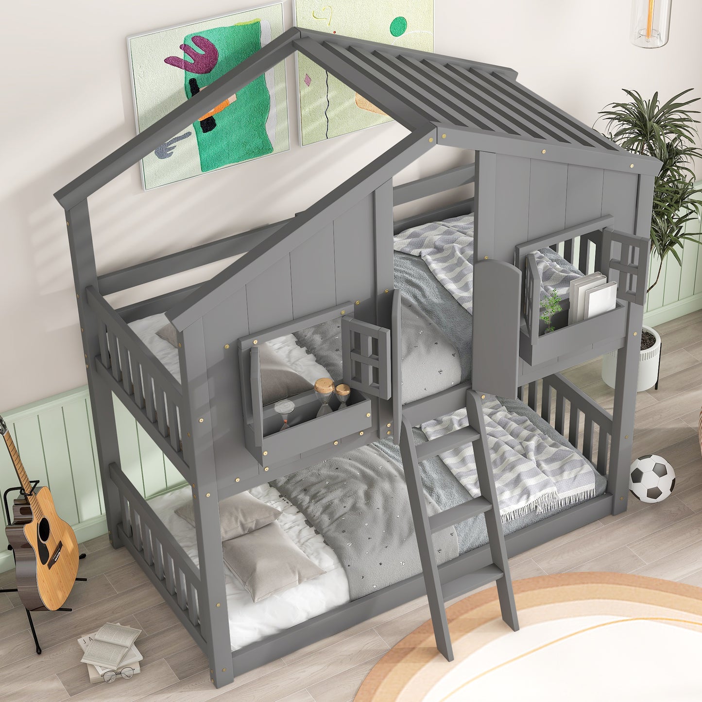 Gray twin over twin house bunk bed with protective rails and ladder