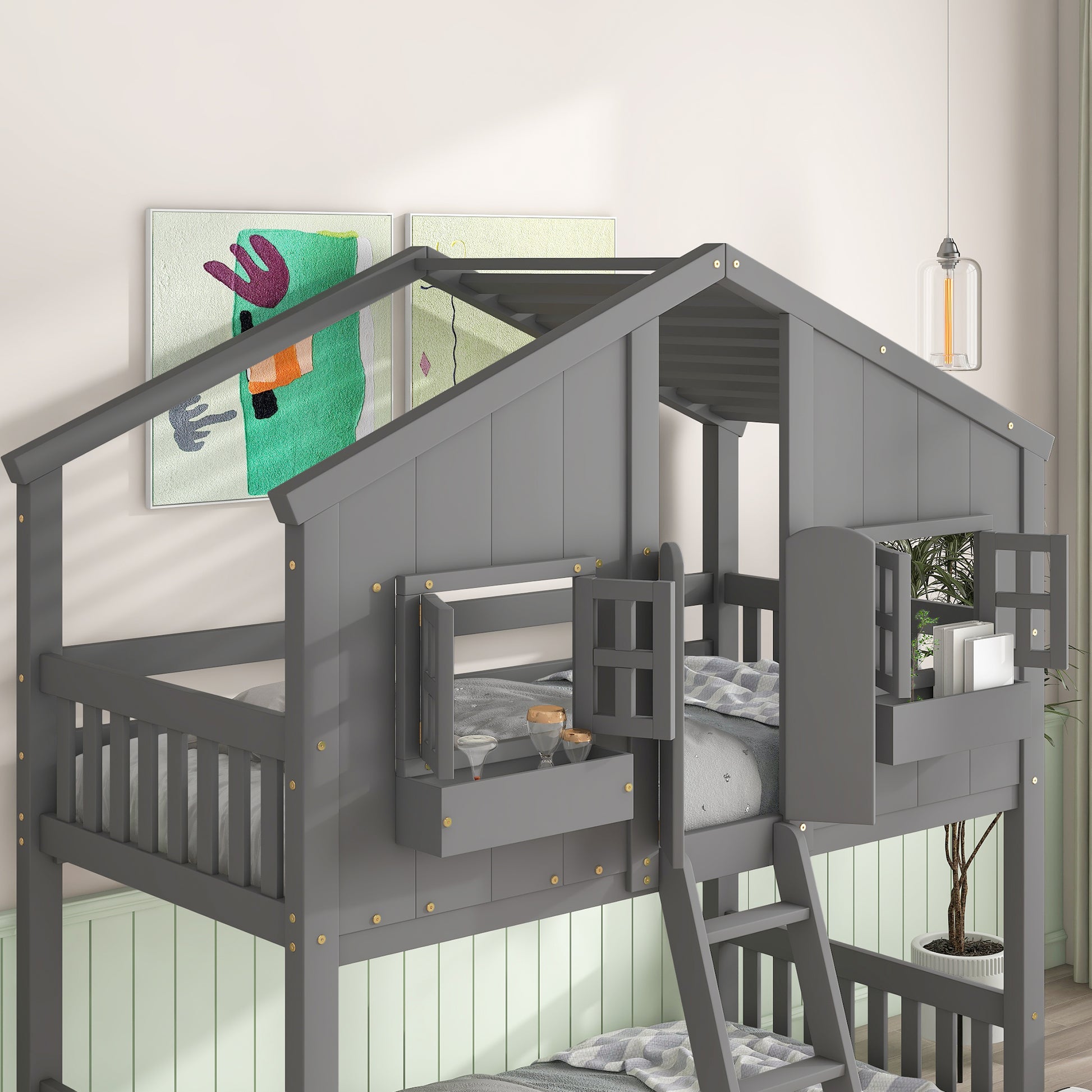 Gray wooden twin over twin bunk bed with houseshaped roof