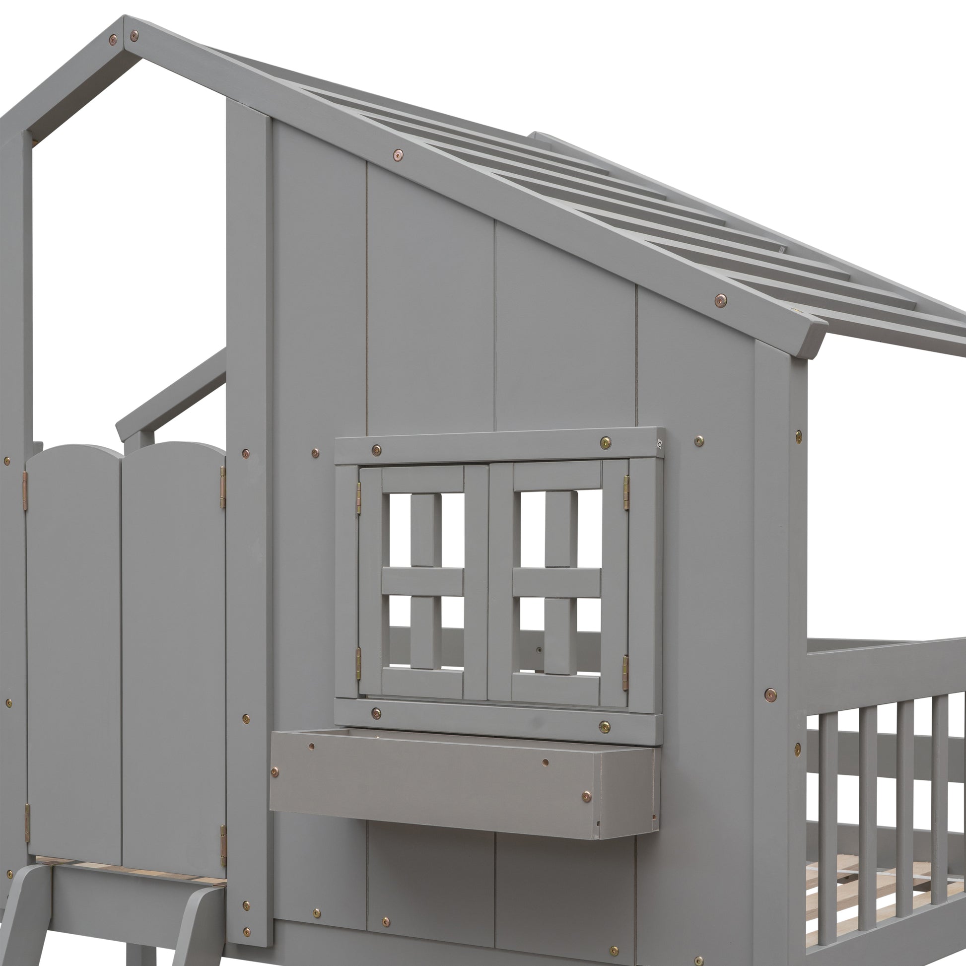 Grey wooden kids playhouse bed with fence railing and window