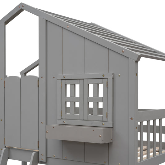 Grey wooden kids playhouse bed with fence railing and window