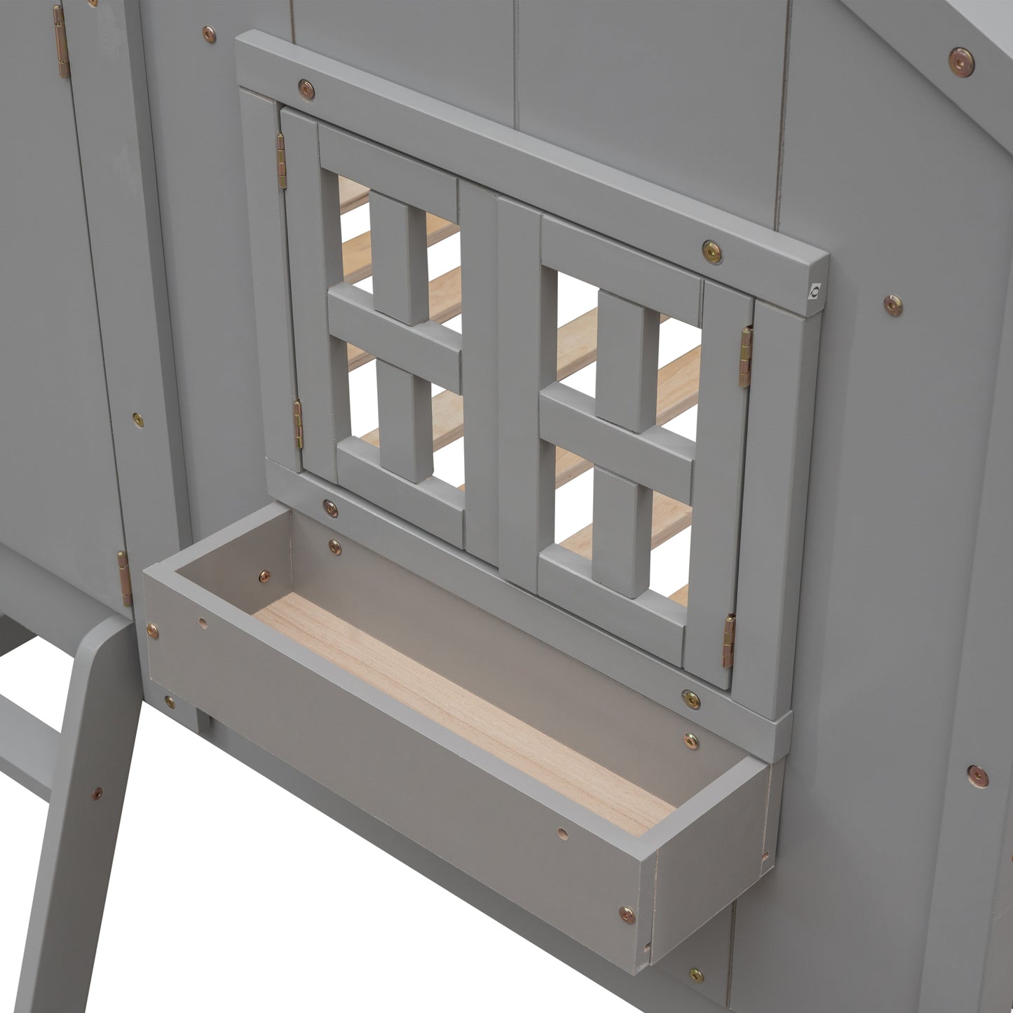 Gray wooden chicken coop with window and planter box