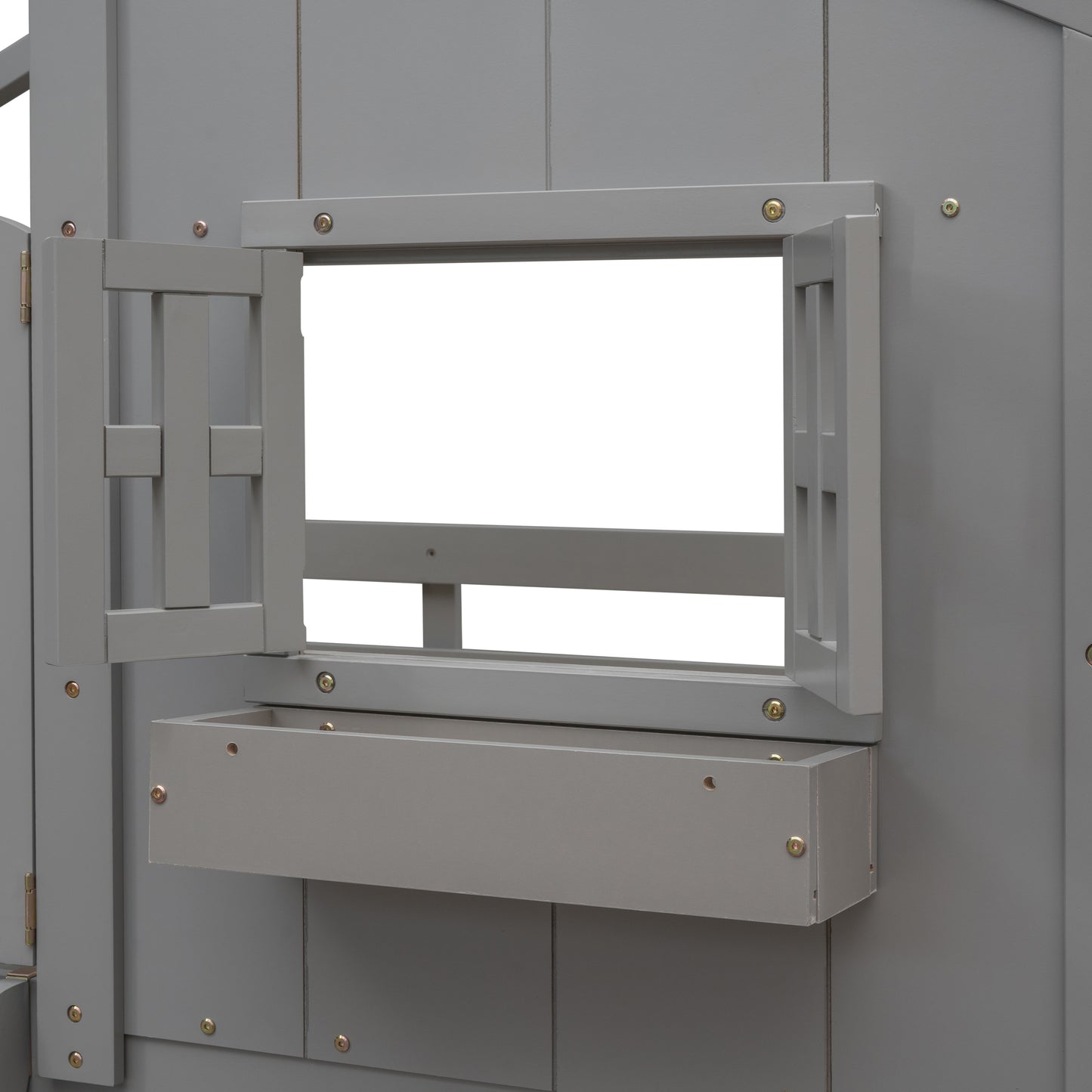Grey wooden playhouse window frame with a planter box below