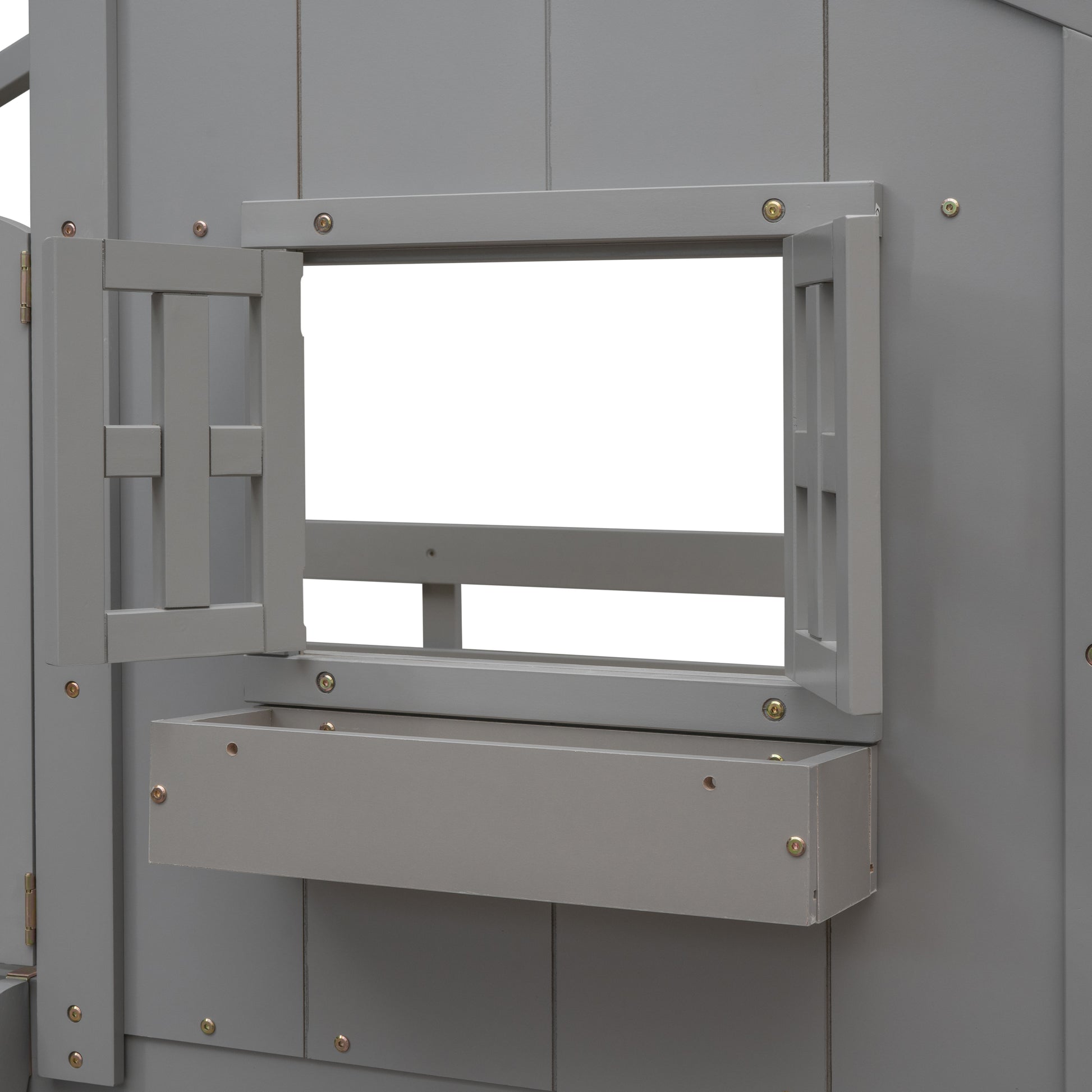 Grey wooden playhouse window frame with a planter box below