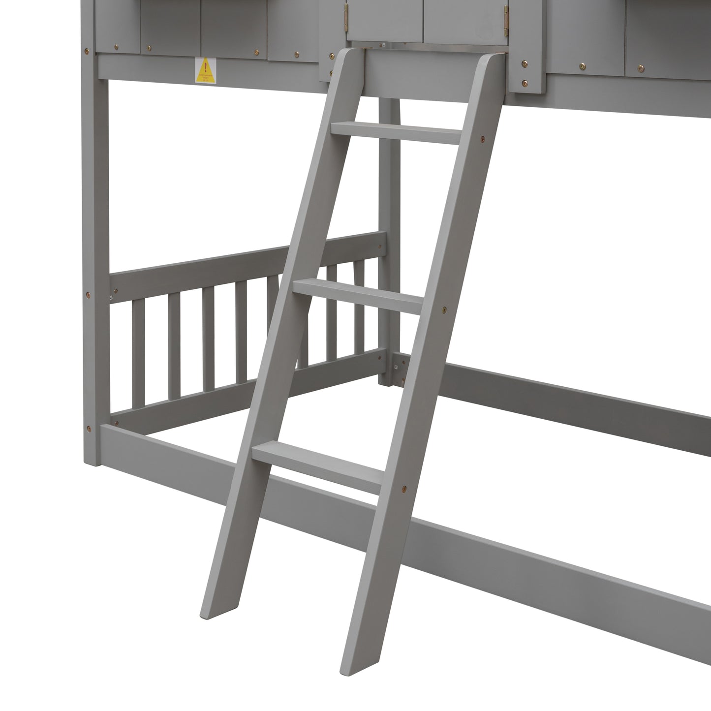 Gray wooden bunk bed ladder and safety rail detail