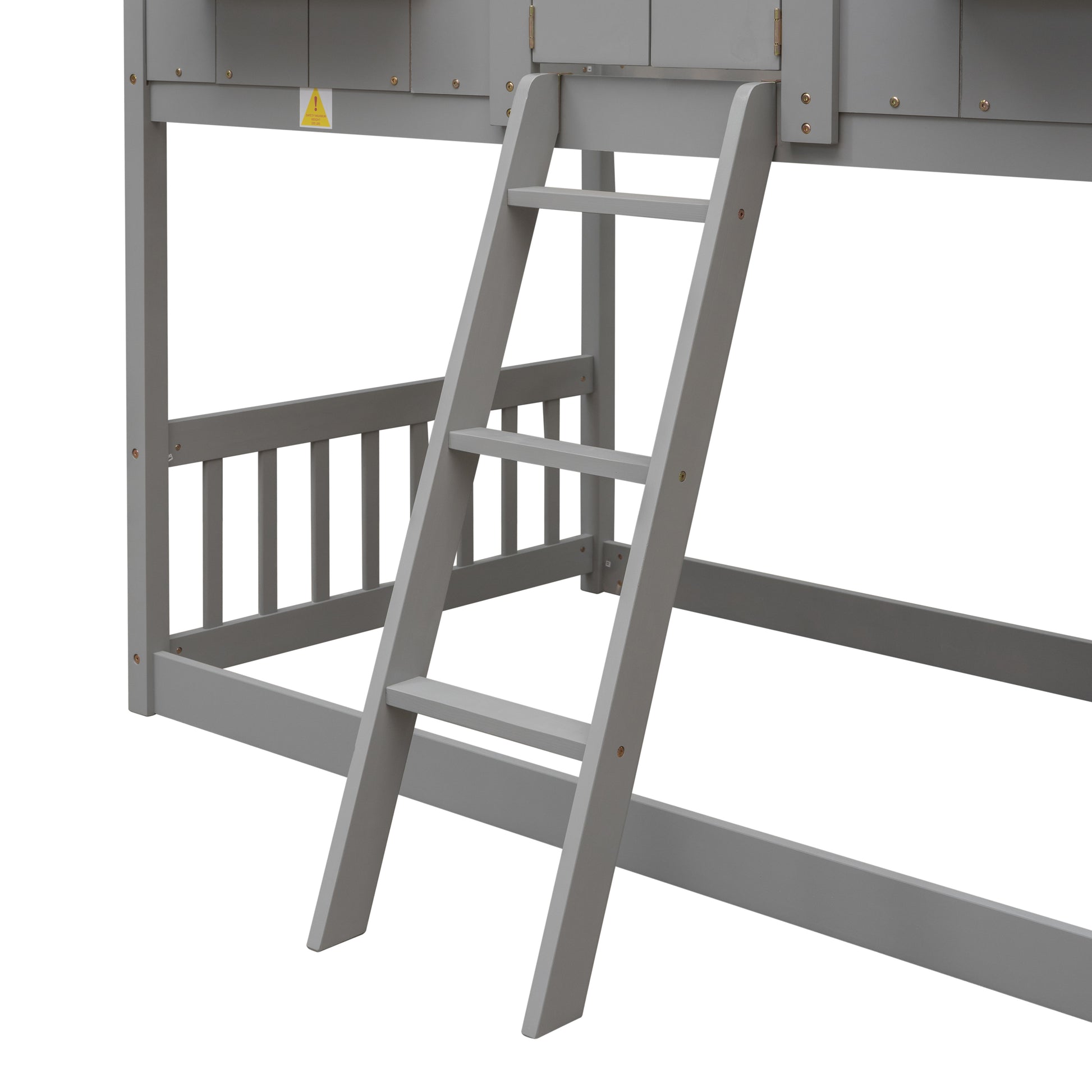 Gray wooden bunk bed ladder and safety rail detail
