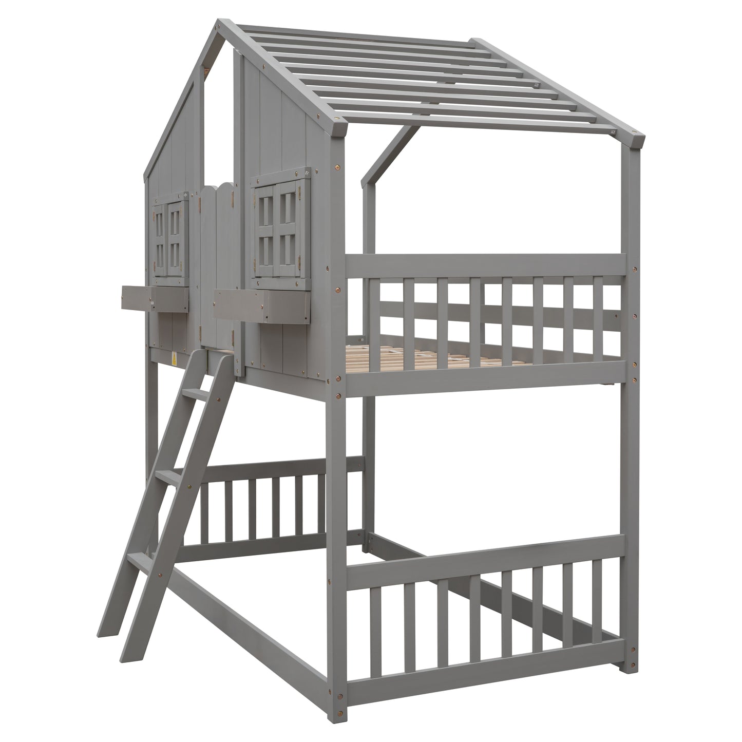 Gray wooden twin bunk bed with houseshaped top and ladder