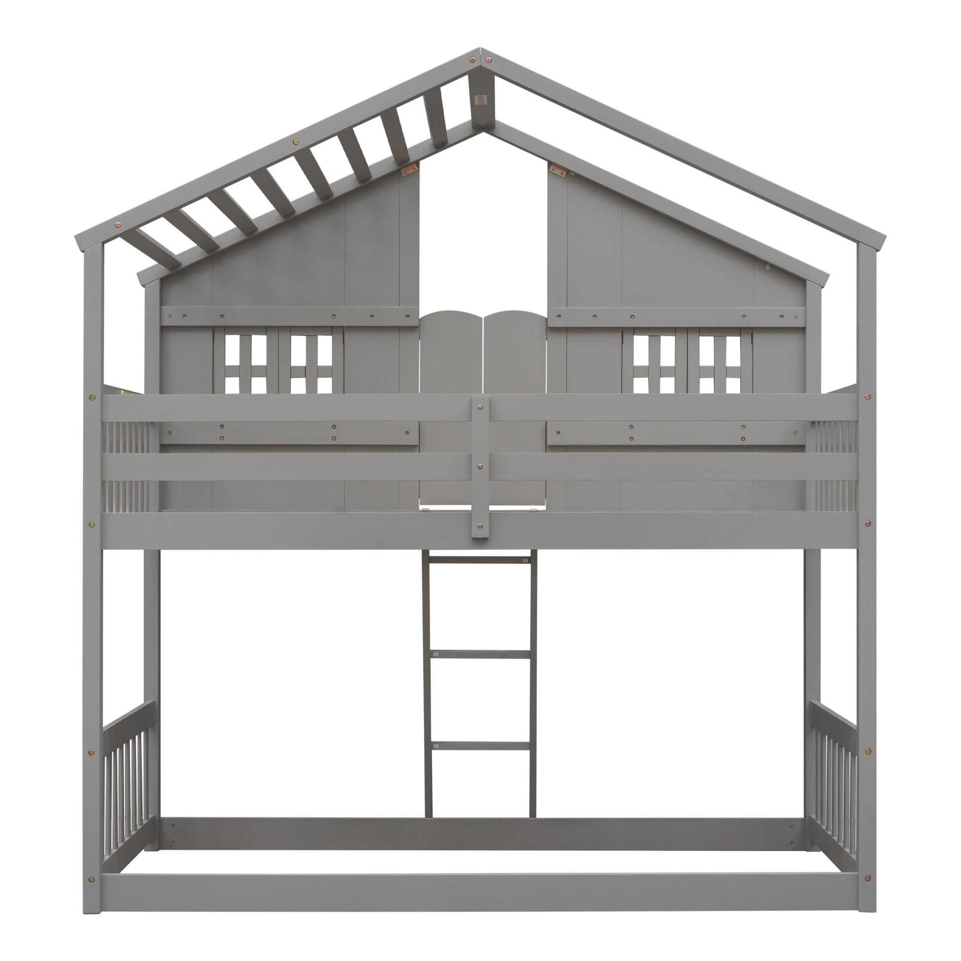Gray wooden twin loft bed with houseshaped top ideal for kids rooms