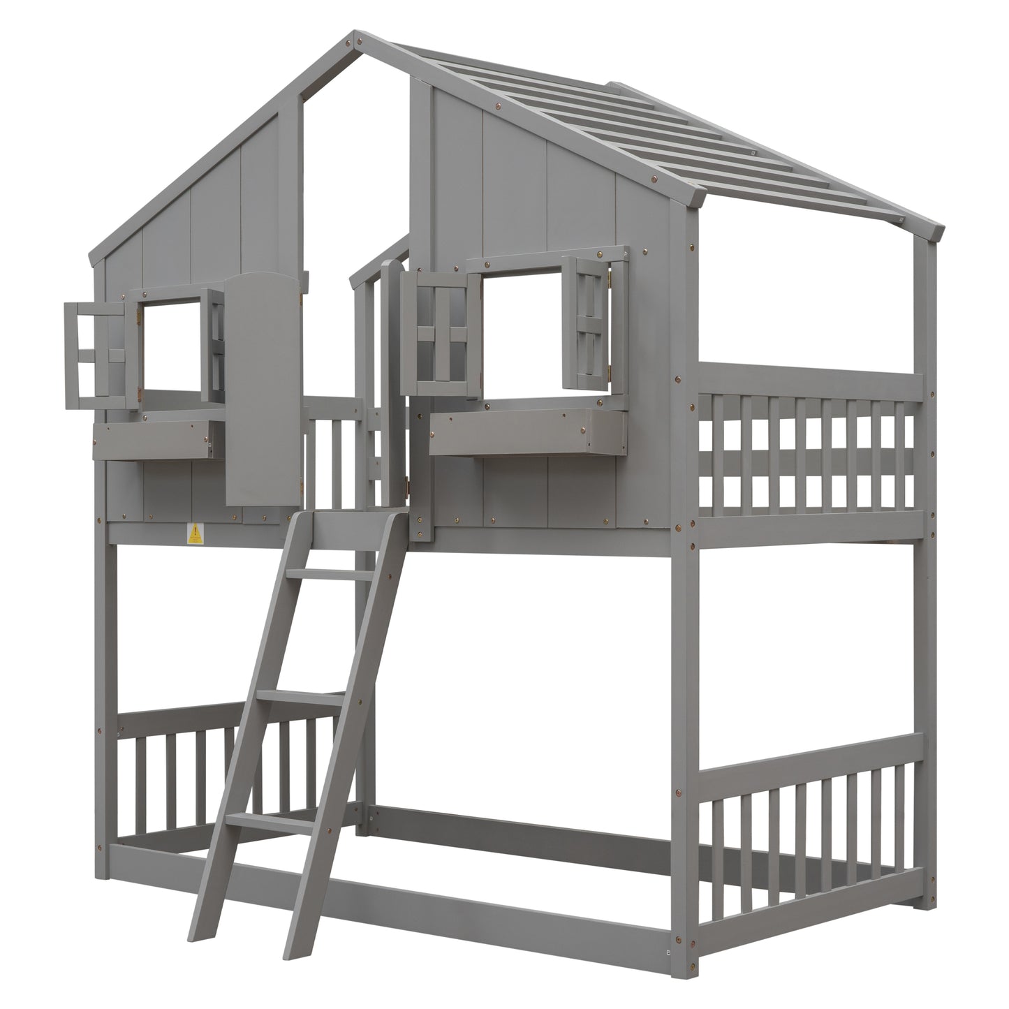 Gray wooden bunk bed with houseshaped top and ladder