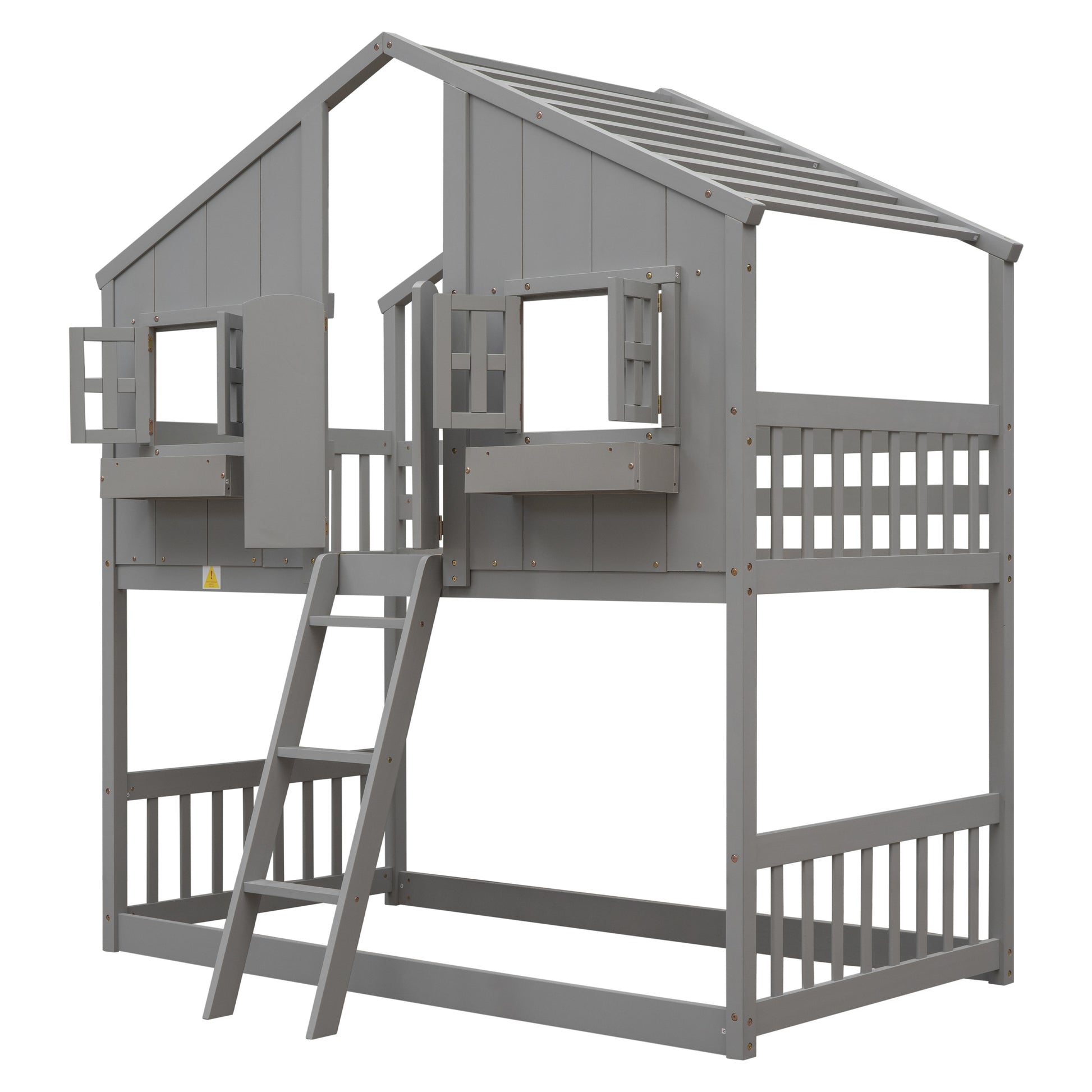 Gray wooden bunk bed with houseshaped top and ladder
