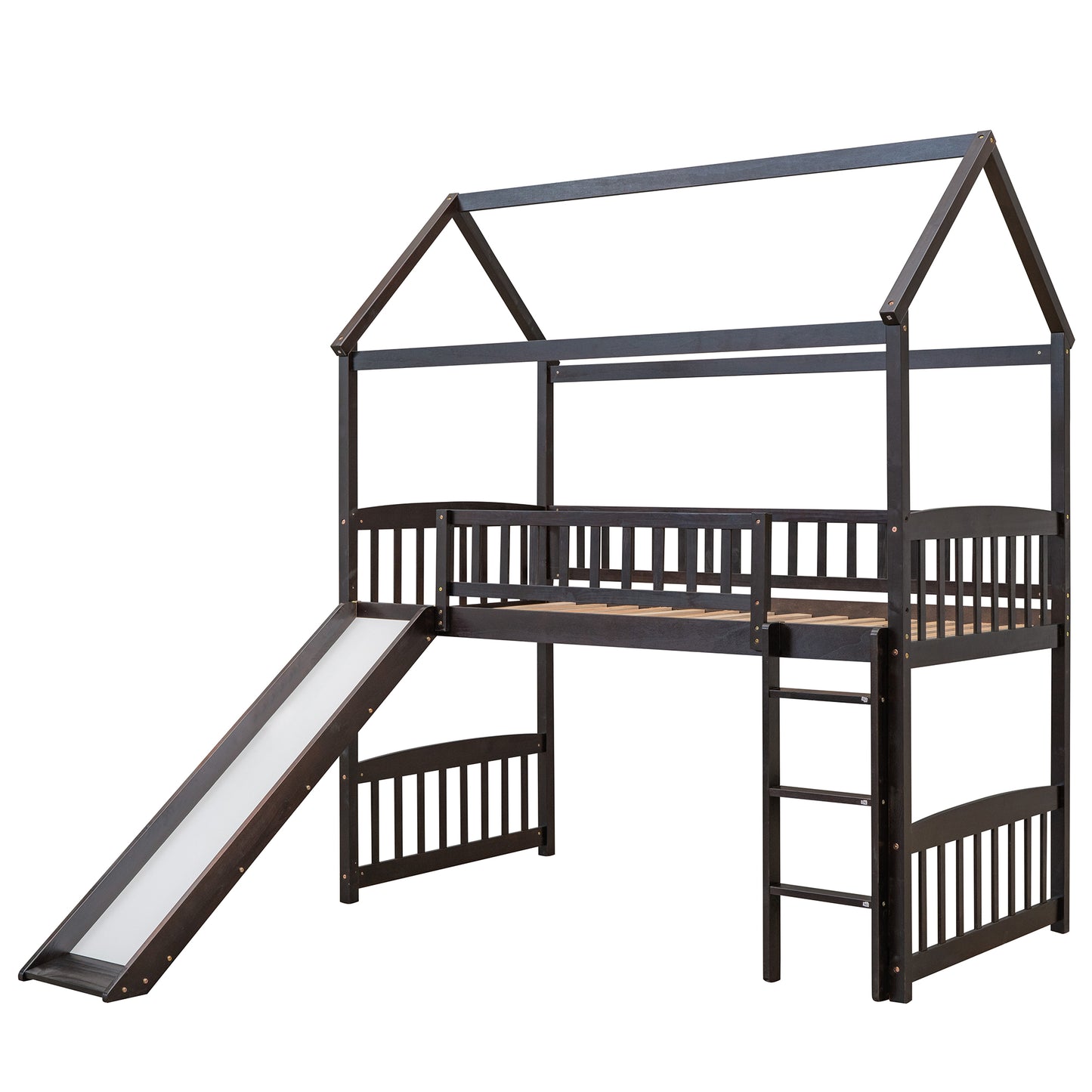 Dark wood loft bed with slide and ladder