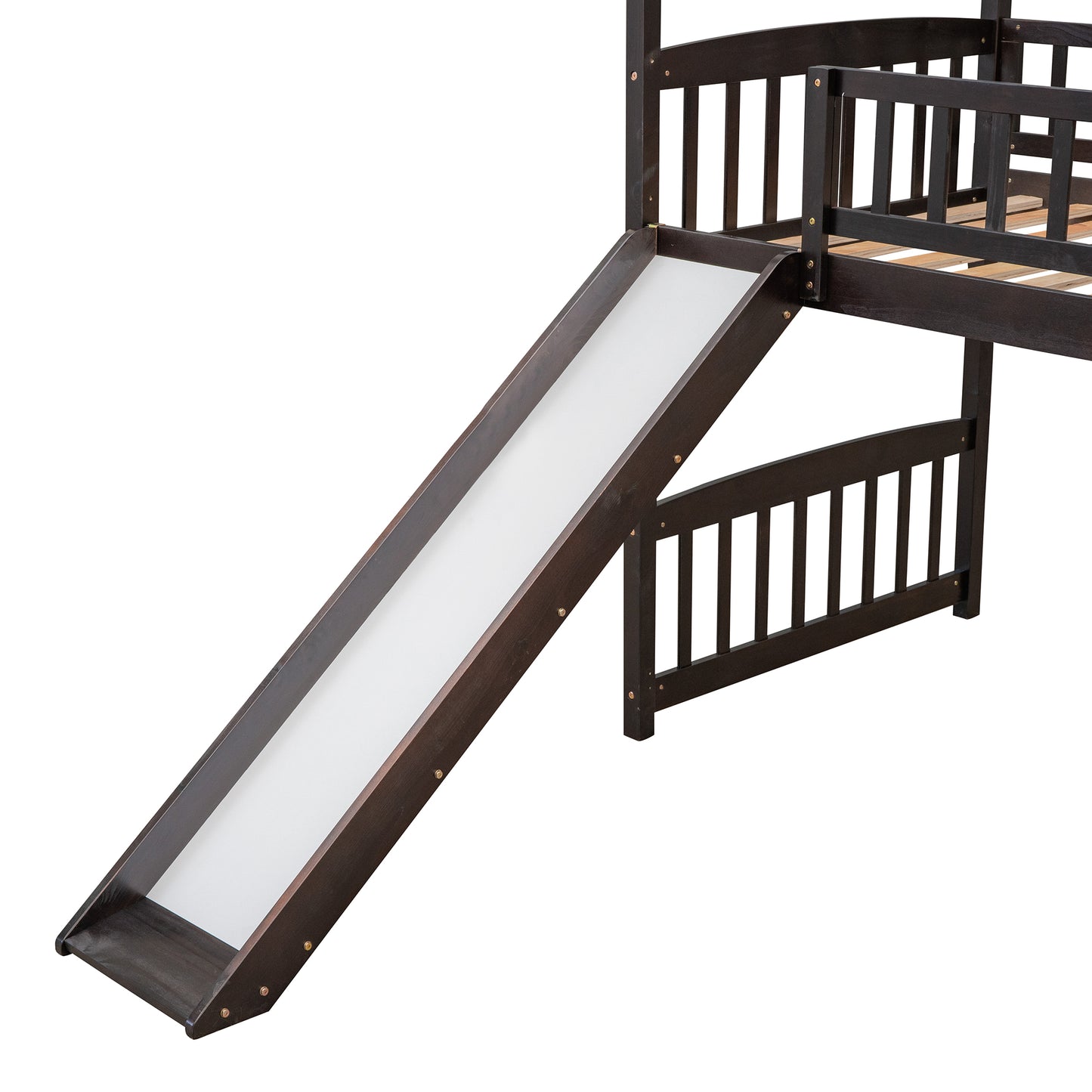Dark brown wooden bunk bed slide attached to railing