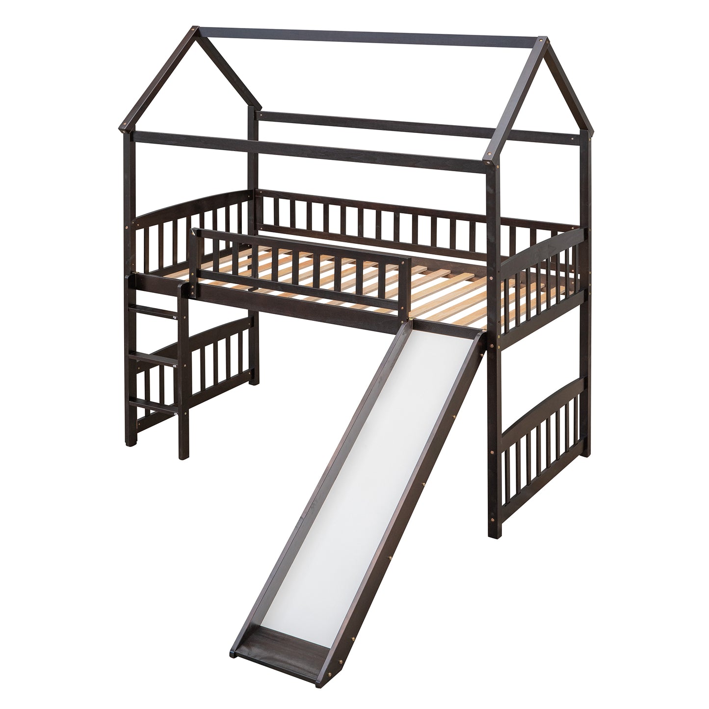 Dark wood loft bed with house frame and slide