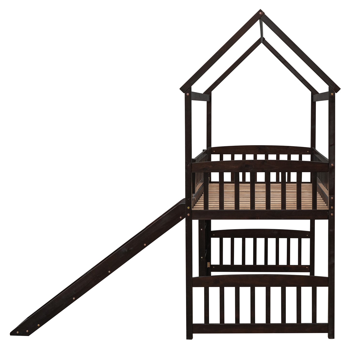 Dark wood twin loft bed with a pitched roof and integrated slide for childrens room