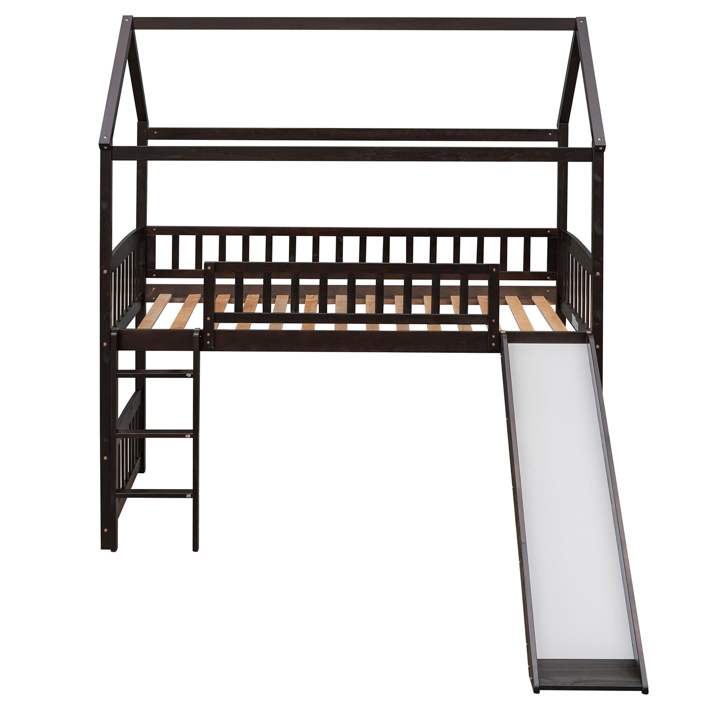 Dark brown wooden house loft bed with ladder and slide for kids room