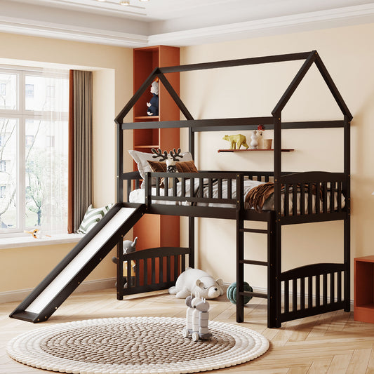 Dark wood house loft bed with slide for kids featuring a playful design and sturdy construction