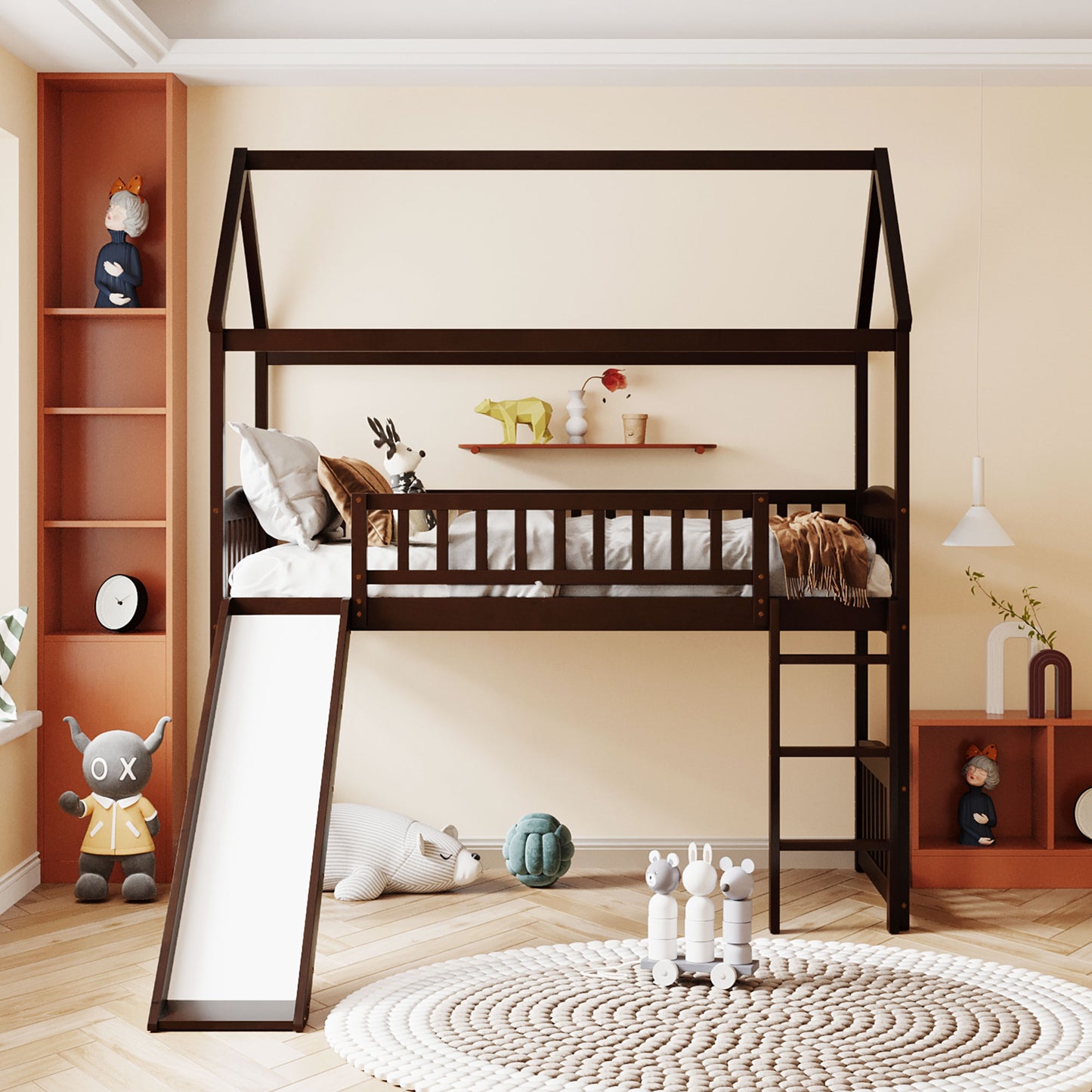 Dark wood loft bed with slide and playful decor
