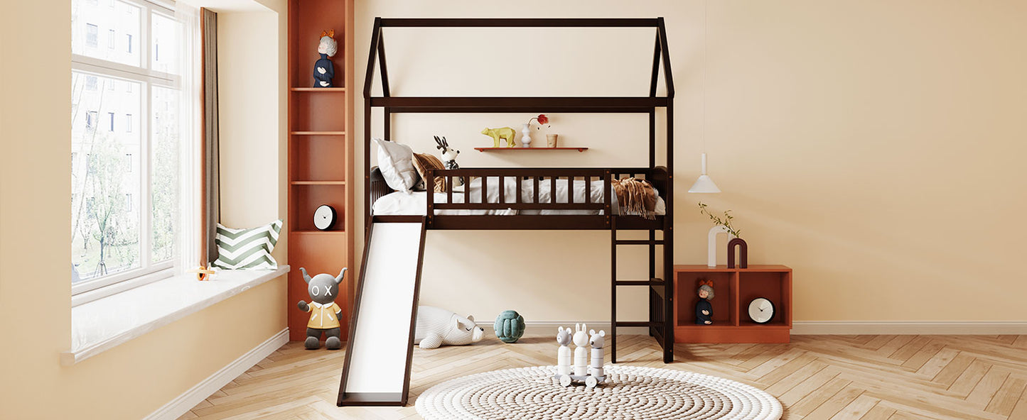 Dark wood loft bed with slide for kids room