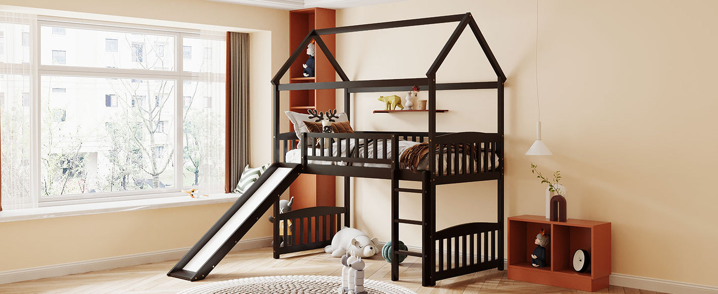 Dark wood loft bed with slide and house frame