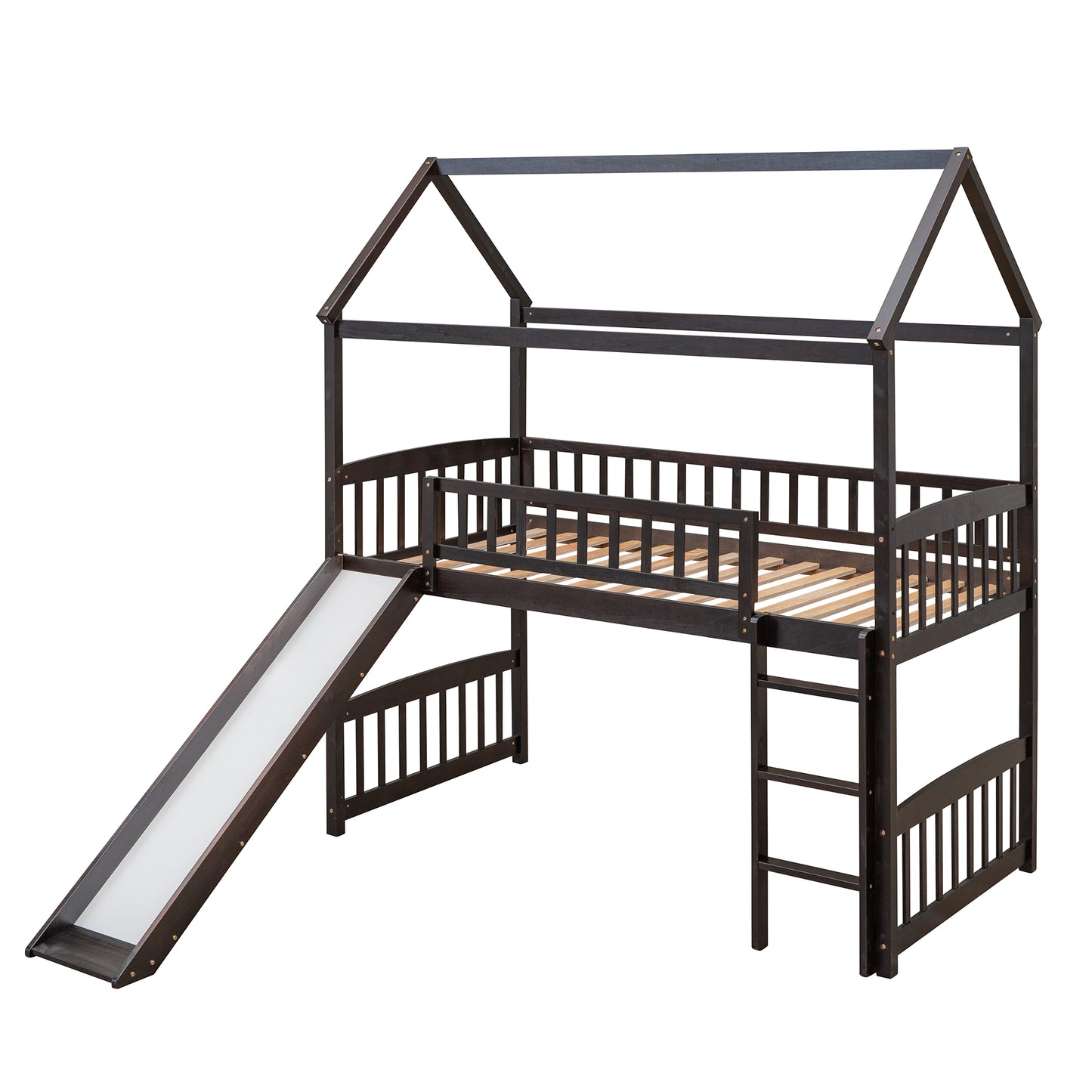 Dark brown wooden house bed with slide for toddlers including guardrails
