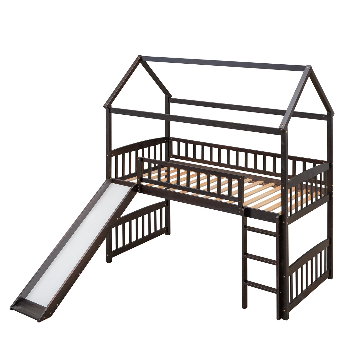 Dark brown wooden house loft bed with slide and ladder