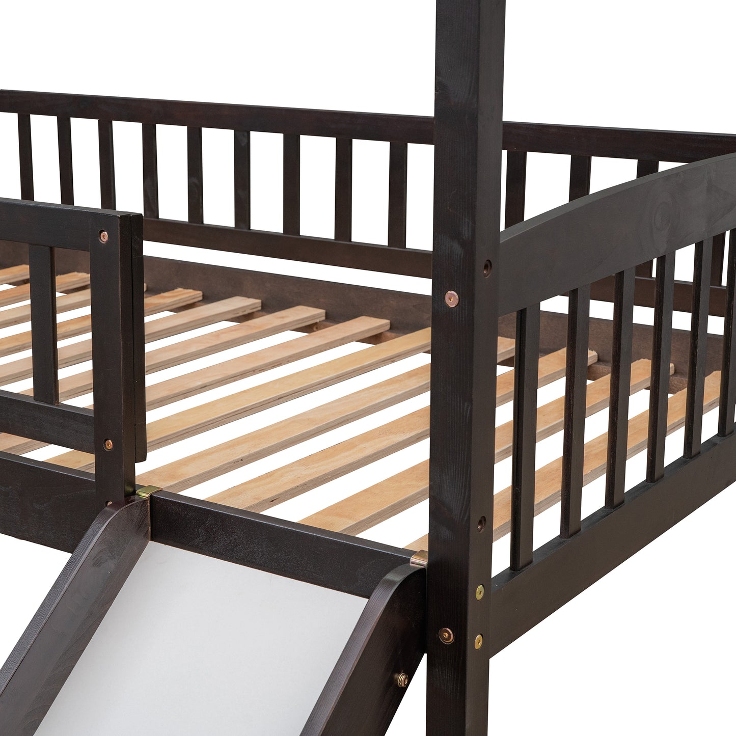 Dark brown wooden toddler bed frame with integrated slide and slatted base