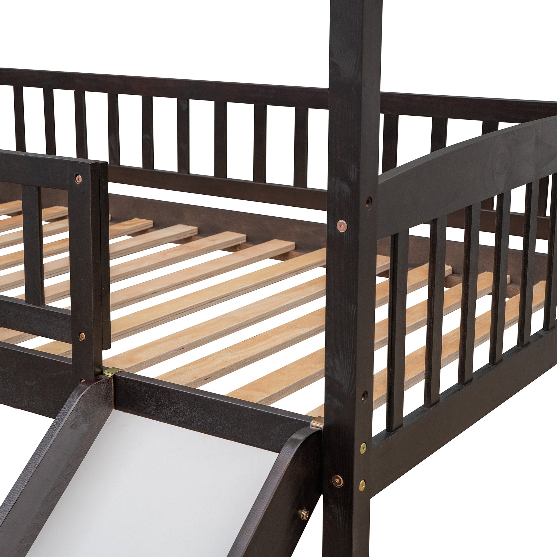 Dark brown wooden toddler bed frame with integrated slide and slatted base