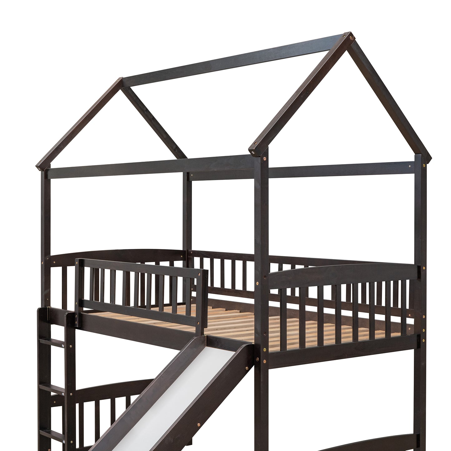 Dark wood house bunk bed with slide