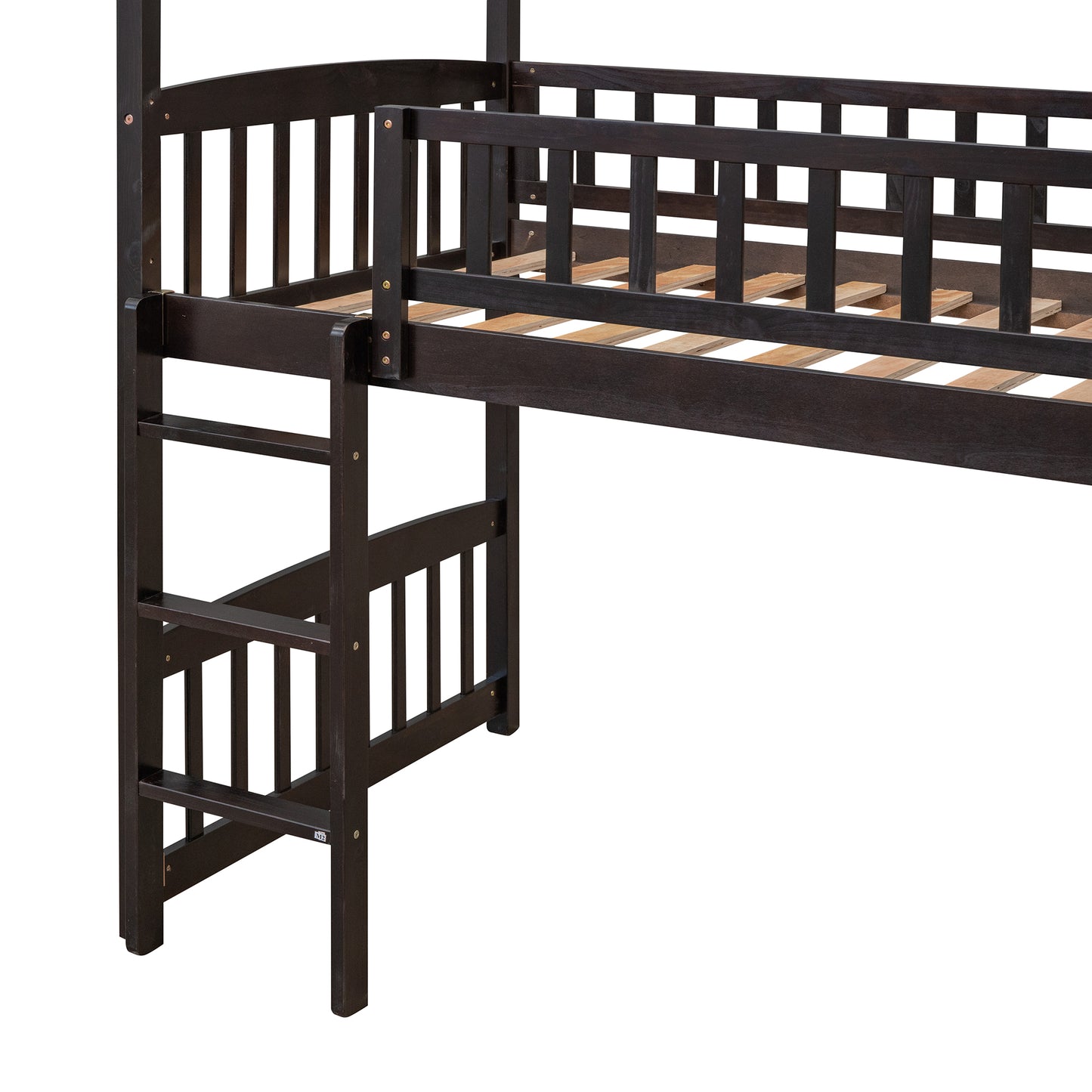 Dark brown wooden loft bed frame with ladder and safety rails