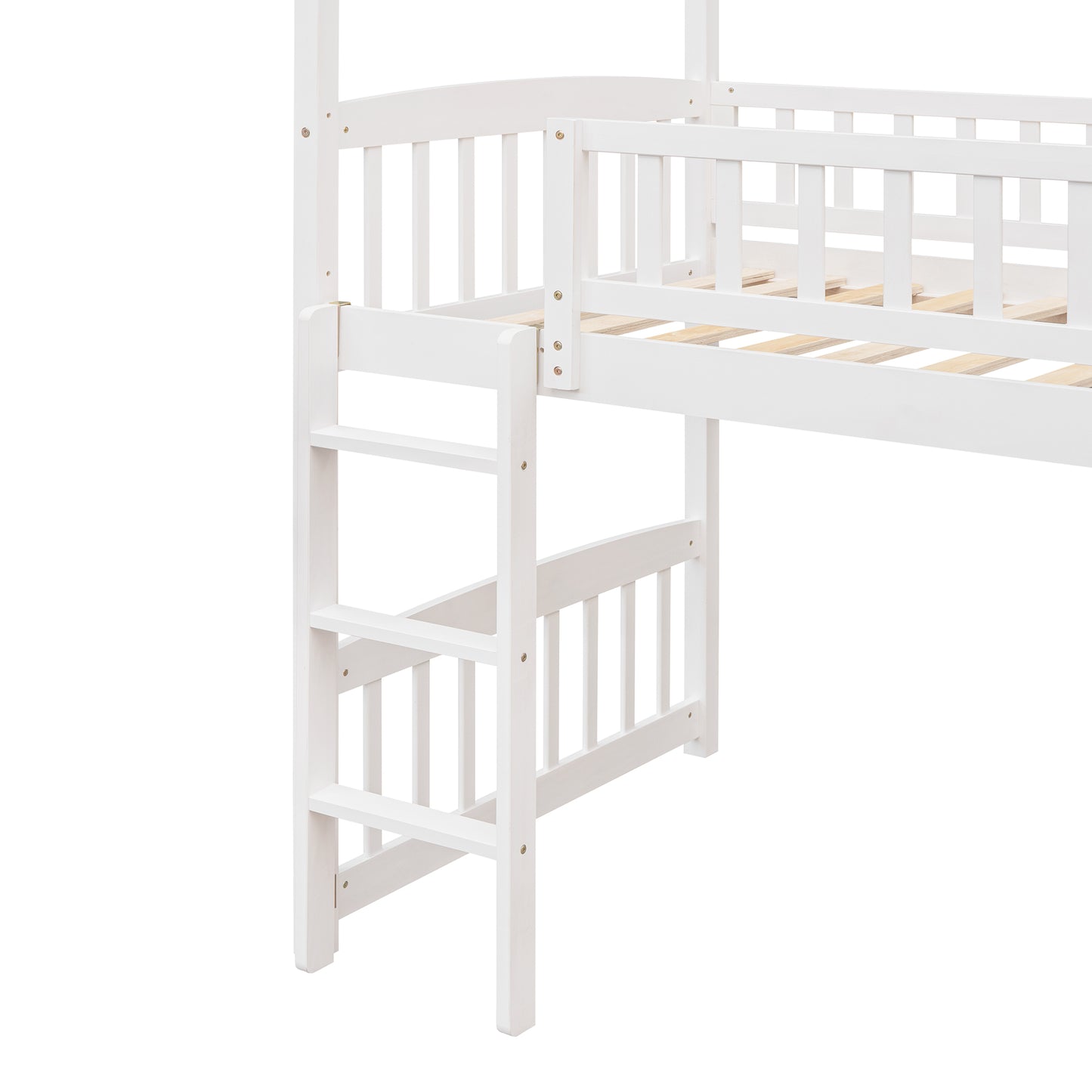 White wooden bunk bed ladder detail with slatted mattress support