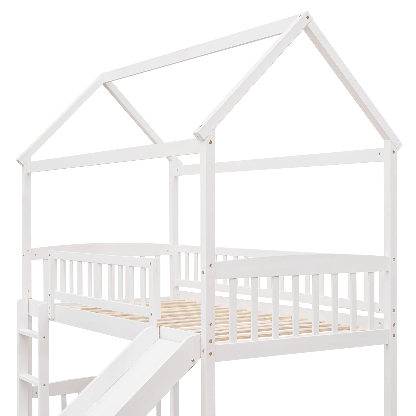 White wooden house bed frame with integrated slide and ladder