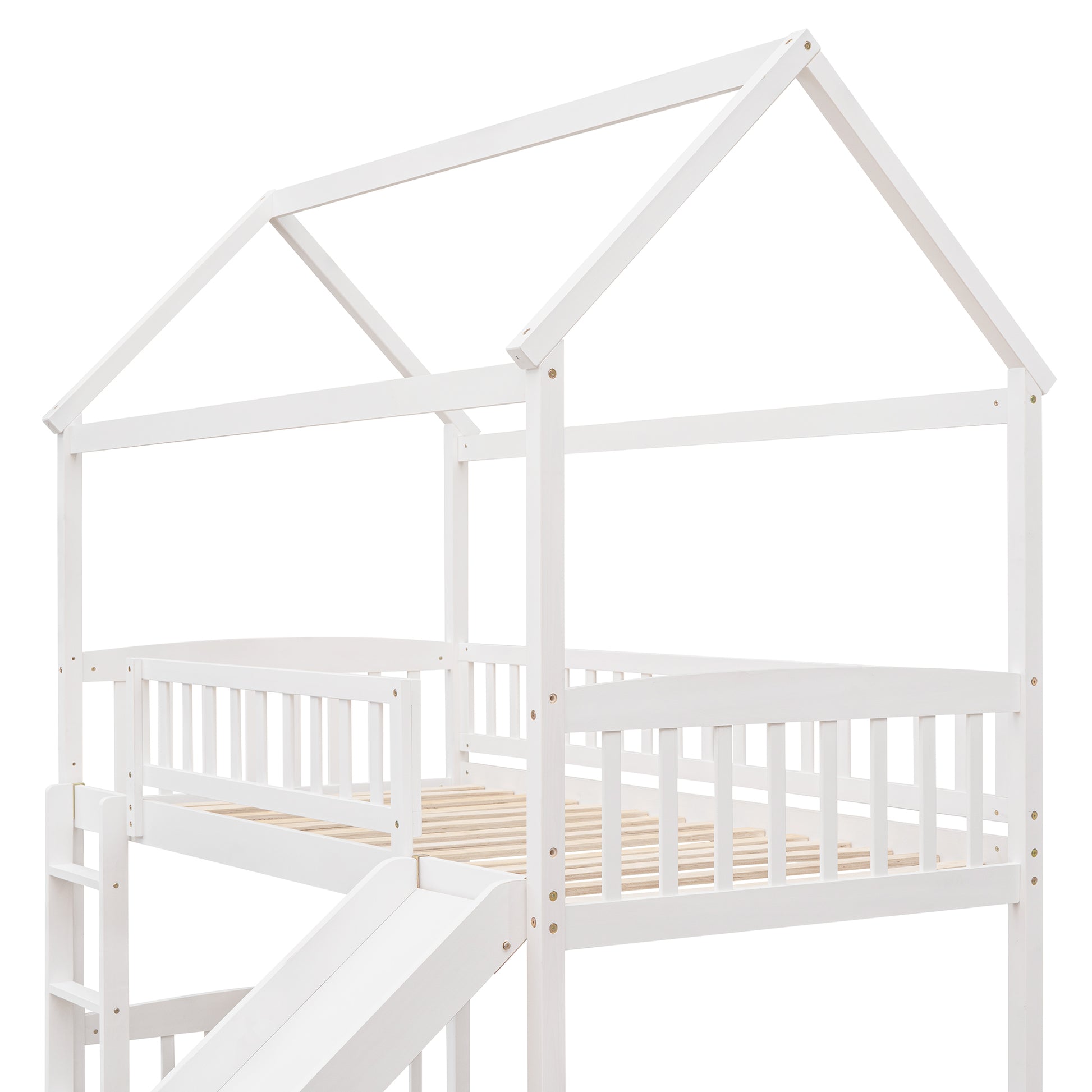 White wooden house bed frame with integrated slide and ladder