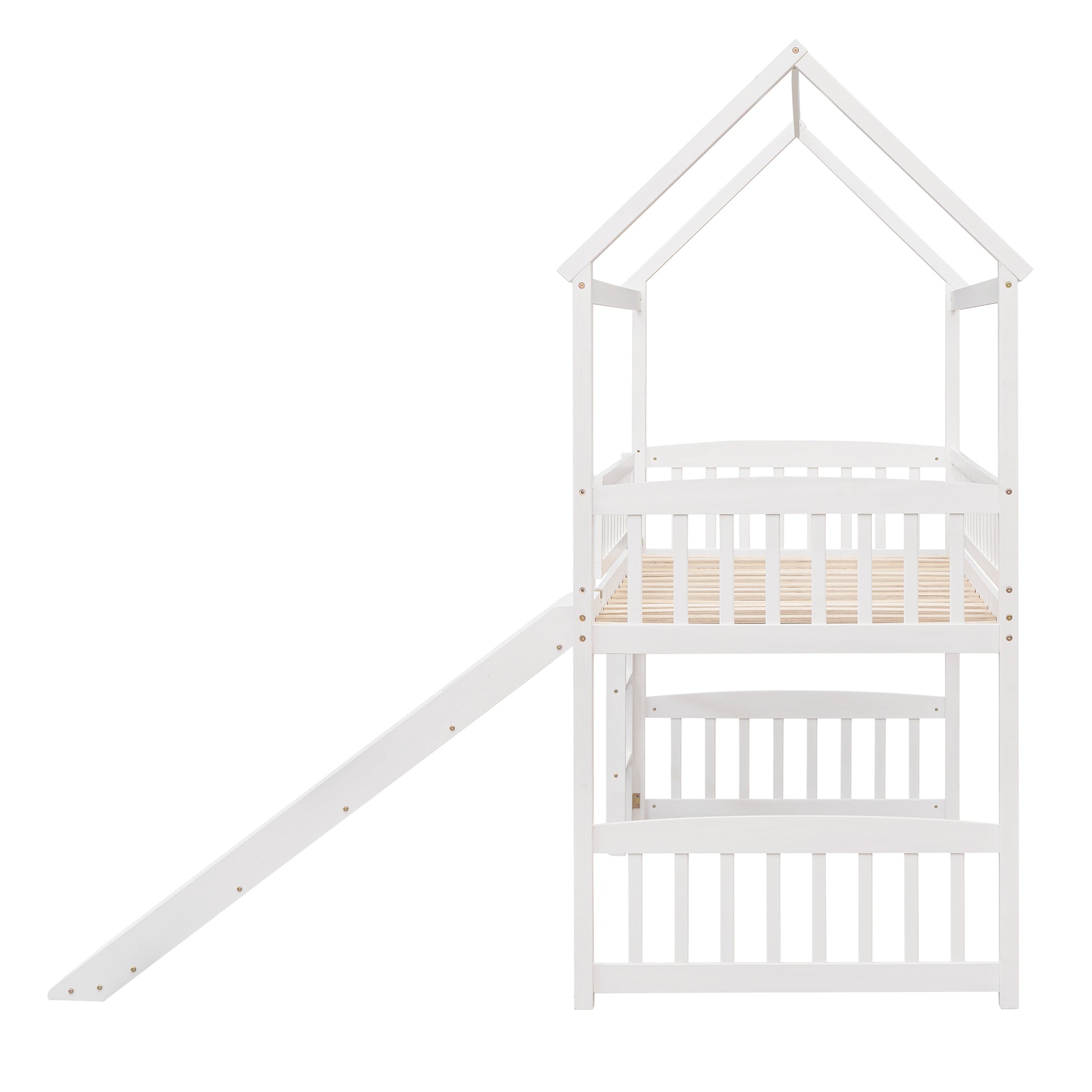 White wooden house bed with slide