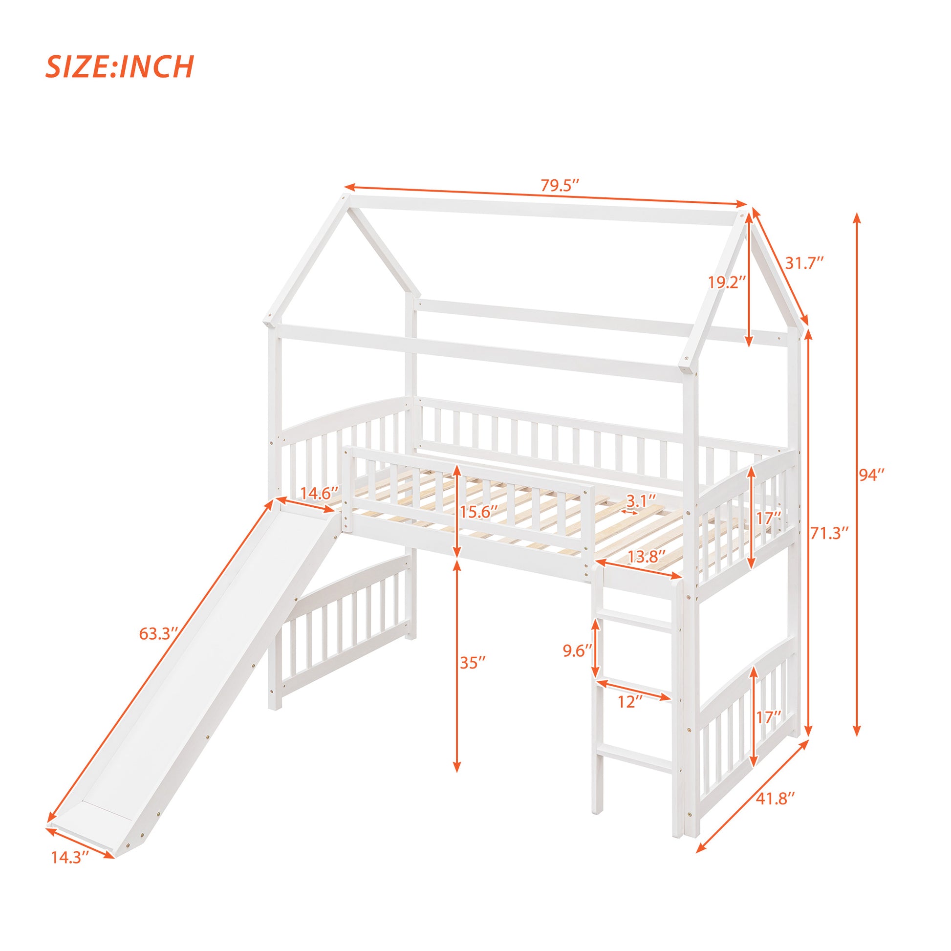 White wooden loft bed with slide and ladder full dimensions shown