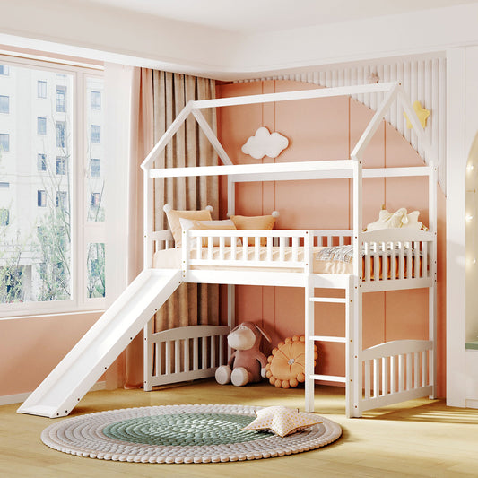 White wooden house loft bed with slide for kids