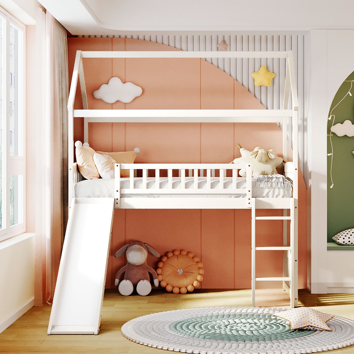 White wooden house loft bed with slide and ladder for kids