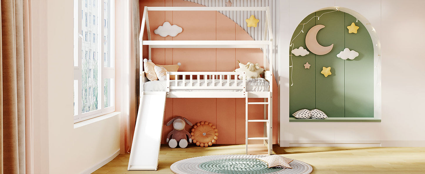 White wooden loft bed with slide for childrens room