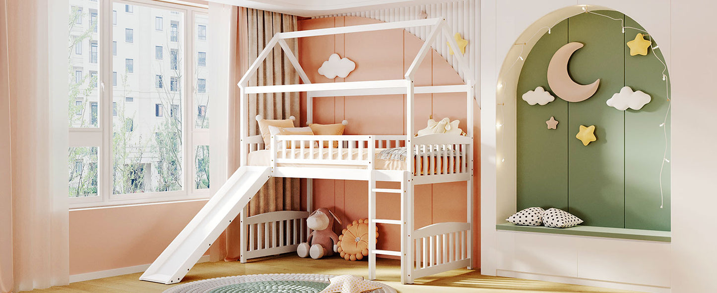 White wooden loft bed with slide