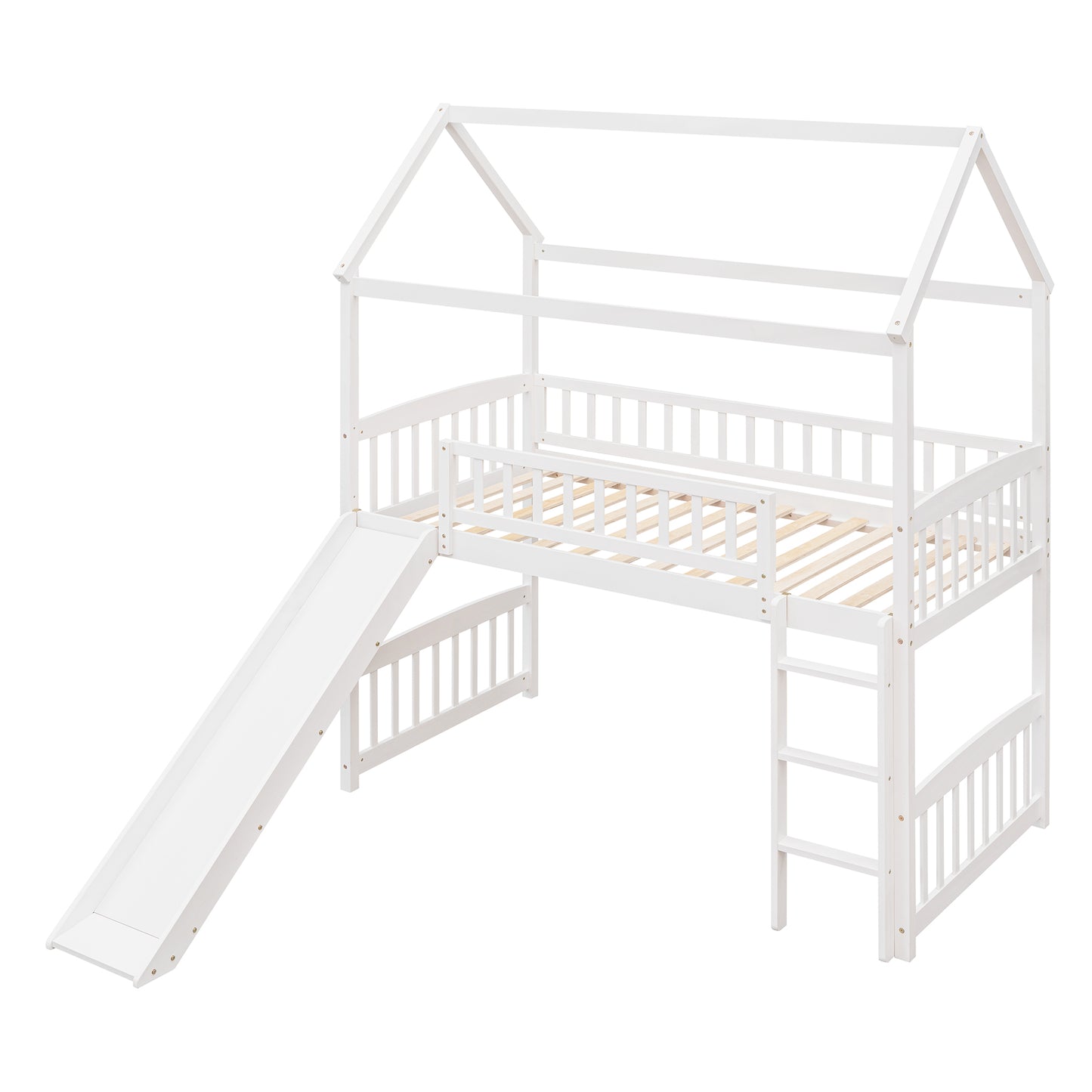 White wooden loft bed with house frame and slide