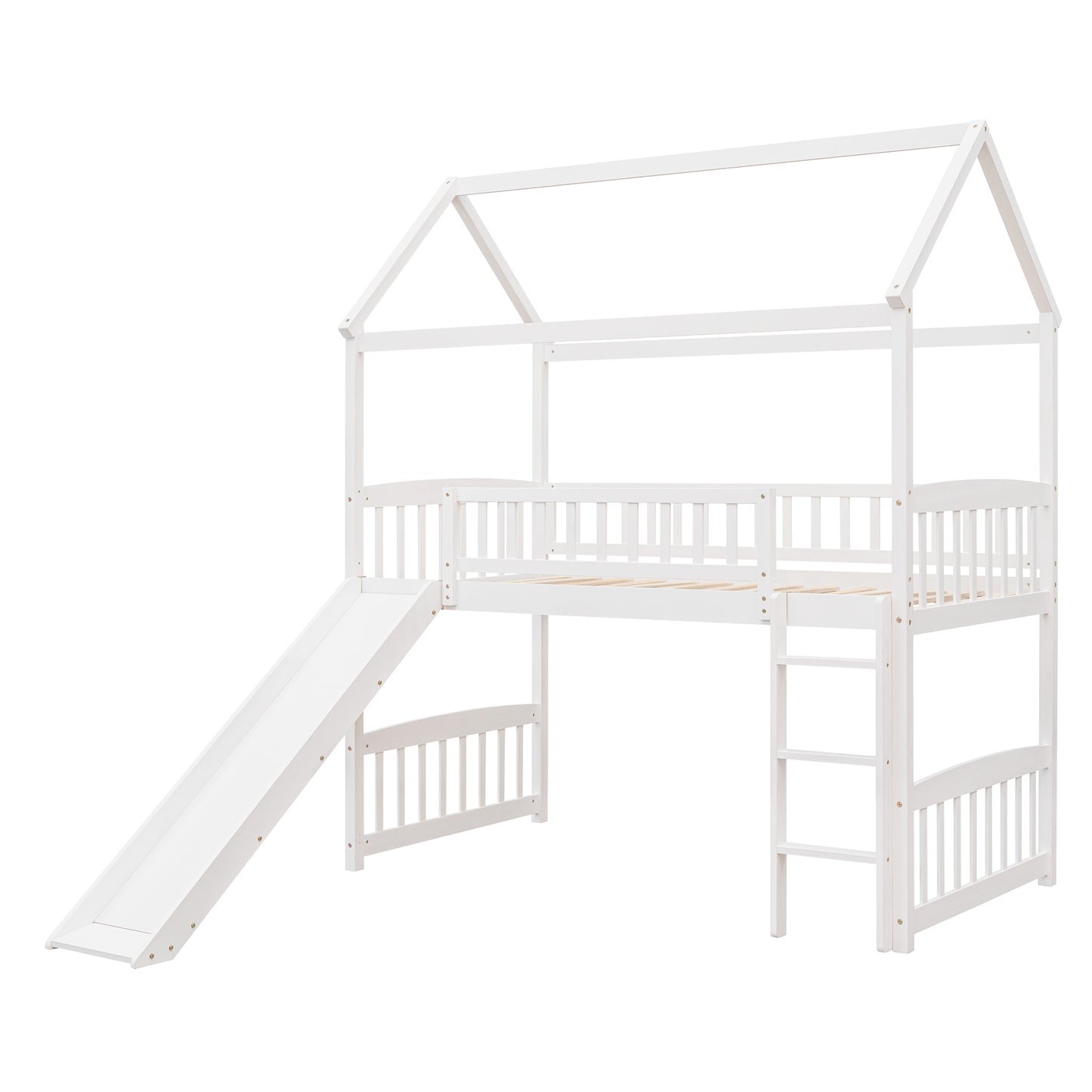 White wooden house loft bed with slide for kids