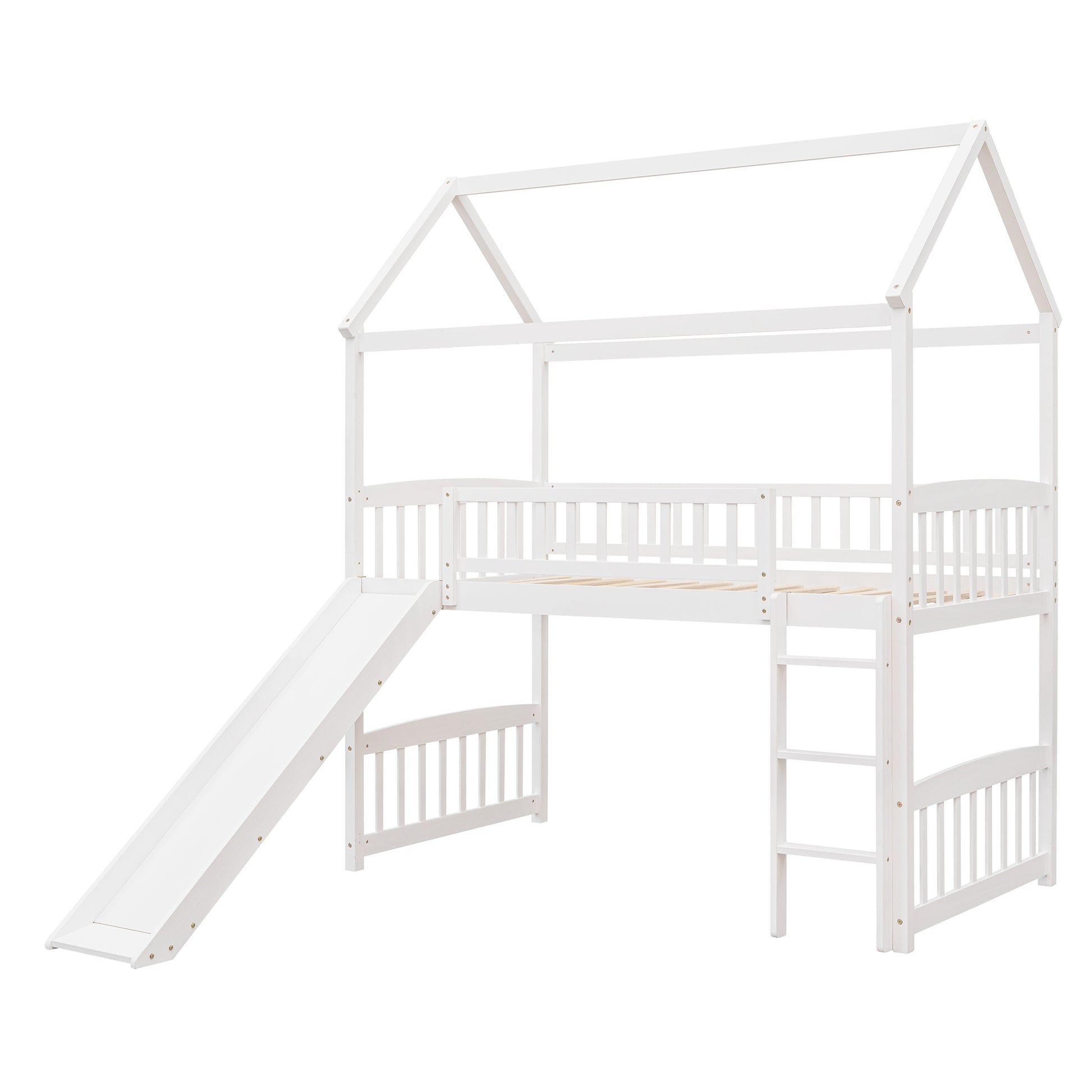 White wooden house loft bed with slide for kids